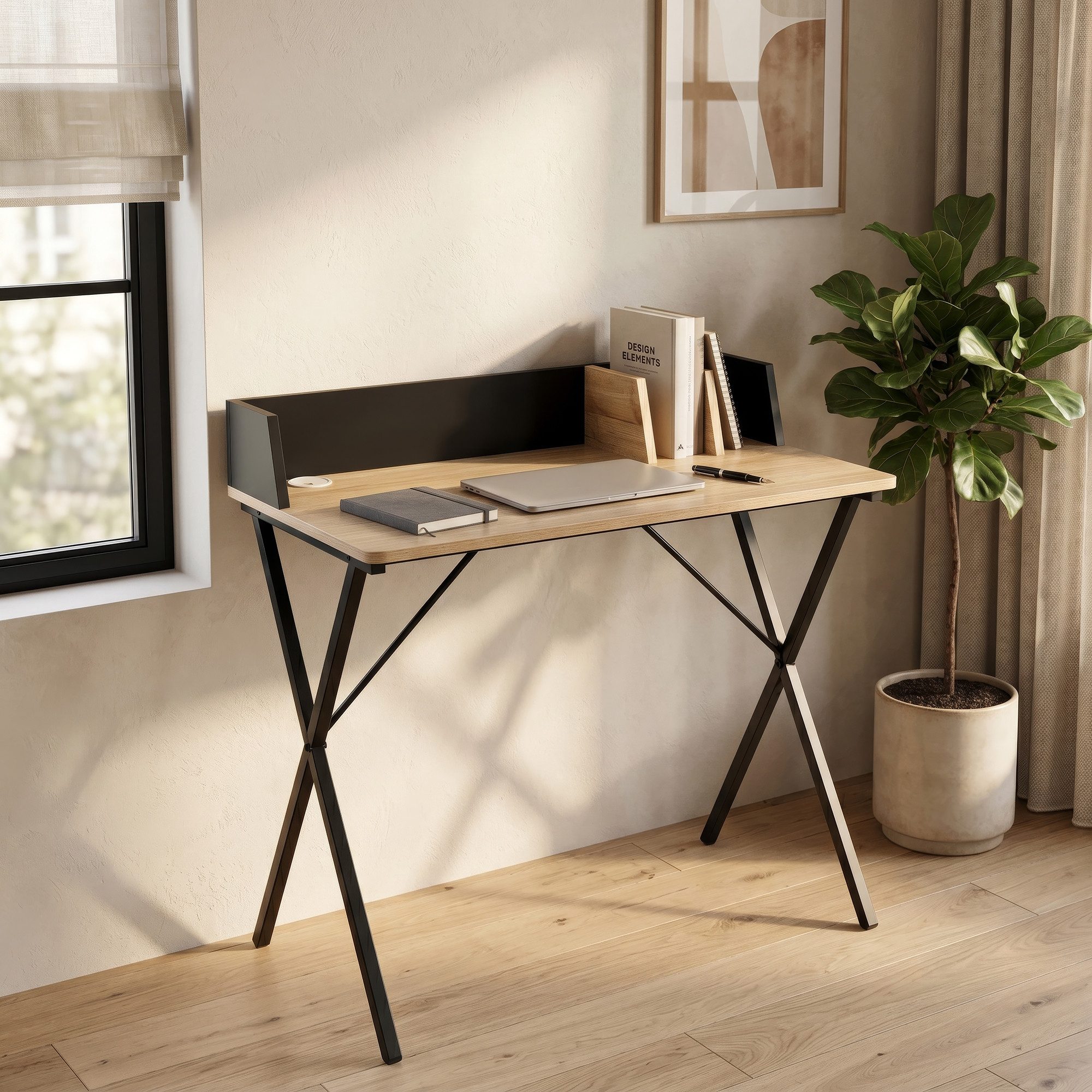 en.casa Schreibtisch, »Kappespoo« mit Kabeldurchlass 84 x 80 x 50 cm Schwarz / Eicheoptik von en.casa