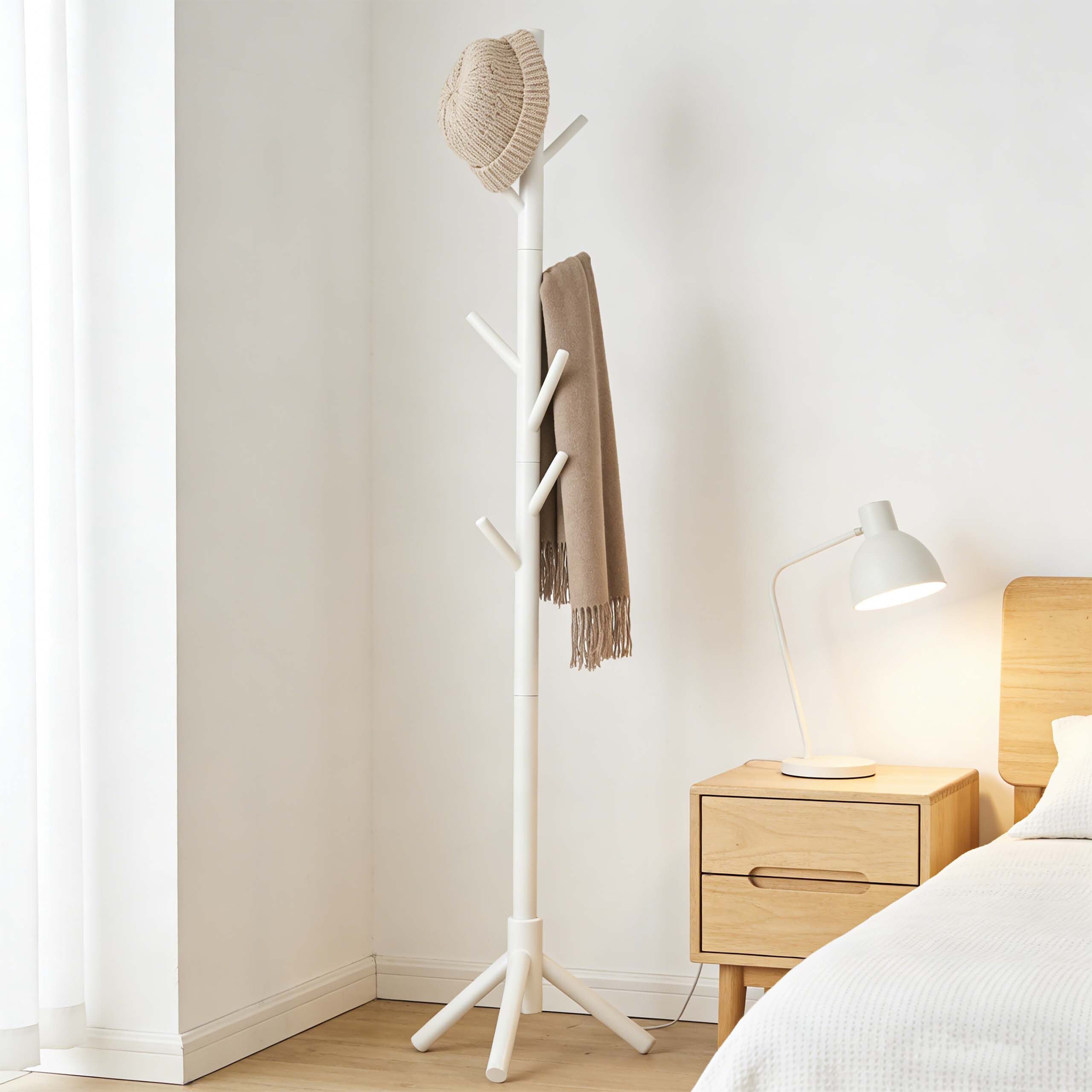 relaxdays Garderobenständer Kiefernholz 8 Hake, weiß