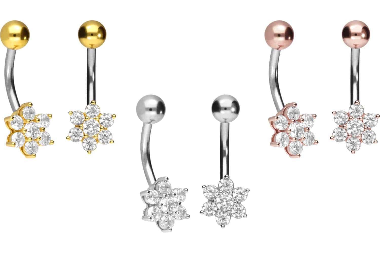 PIERCINGLINE Bauchnabelpiercing Titan Bananabell mit 925er Silber-Design KRISTALLBLUME (Bananabells, 1-tlg)