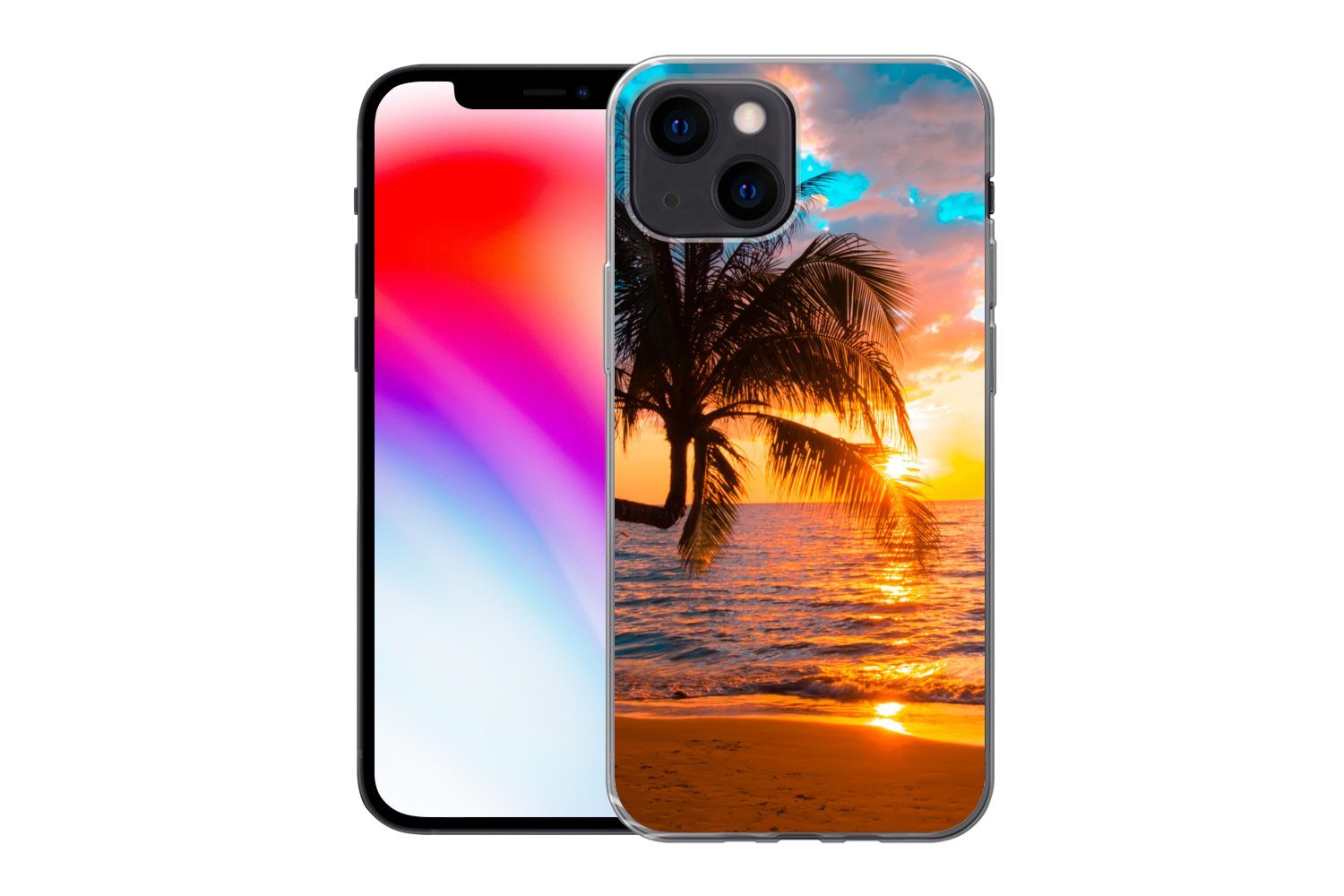 MuchoWow Handyhülle für Apple iPhone 13 mini Palme - Sonnenuntergang - Horizont - Strand -, Smartphone-Bumper, Print, Handy Schutzhülle Dünn