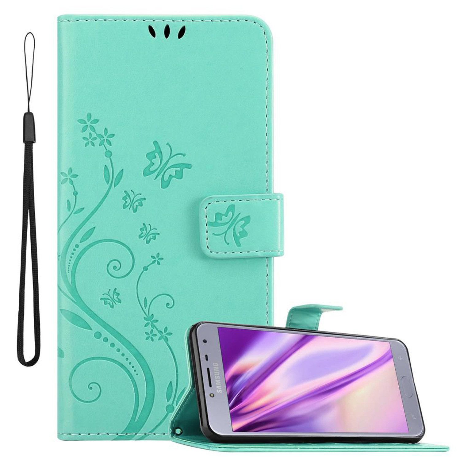 Cadorabo Handyhülle für Samsung Galaxy J4 2018 Hülle Samsung Galaxy J4 2018, Hülle Schutzhülle Blumen Flower mit Standfunktion Kartenfach Magnet