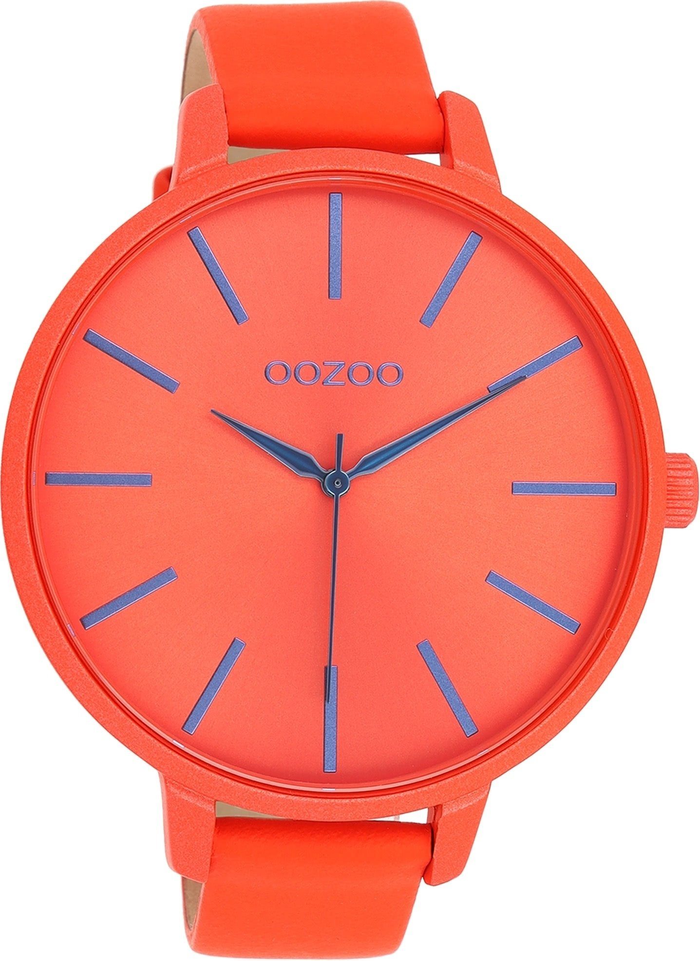 OOZOO Quarzuhr Oozoo Damen Armbanduhr Timepieces Analog, (Analoguhr), Damenuhr rund, extra groß (ca. 48mm), Lederarmband rot,orange, Fashion