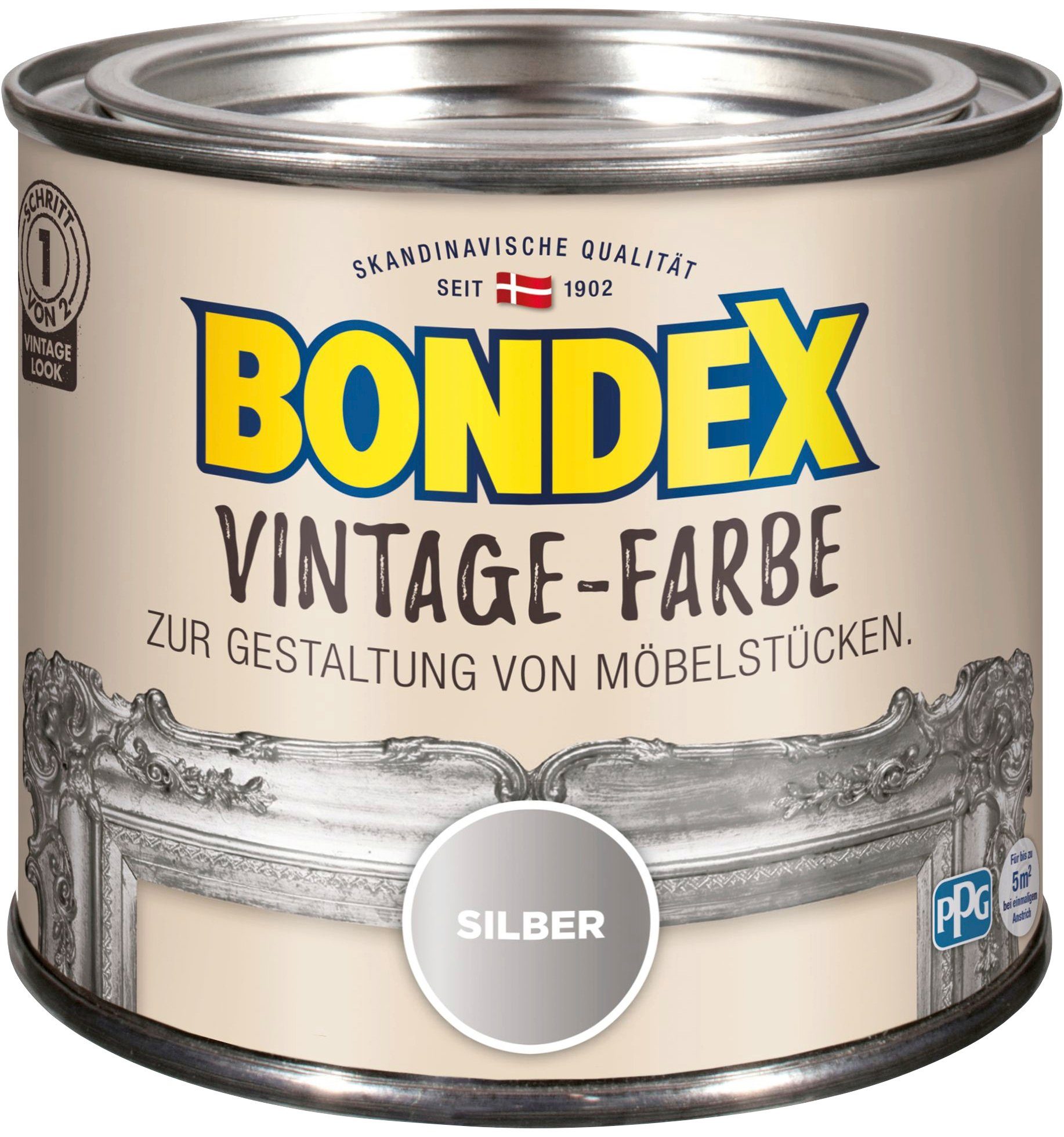 Bondex Bastelfarbe VINTAGE-FARBE, zur Gestaltung von Möbelstücken, 0,375 l Silber | Holzlasuren