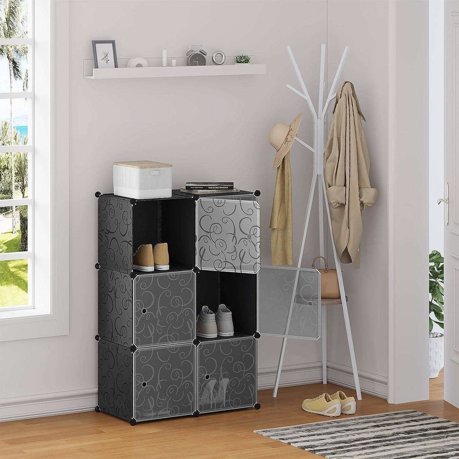 Woltu Aufbewahrungsbox (6 St), DIY Regalsystem mit Tür, Kunststoff schwarz