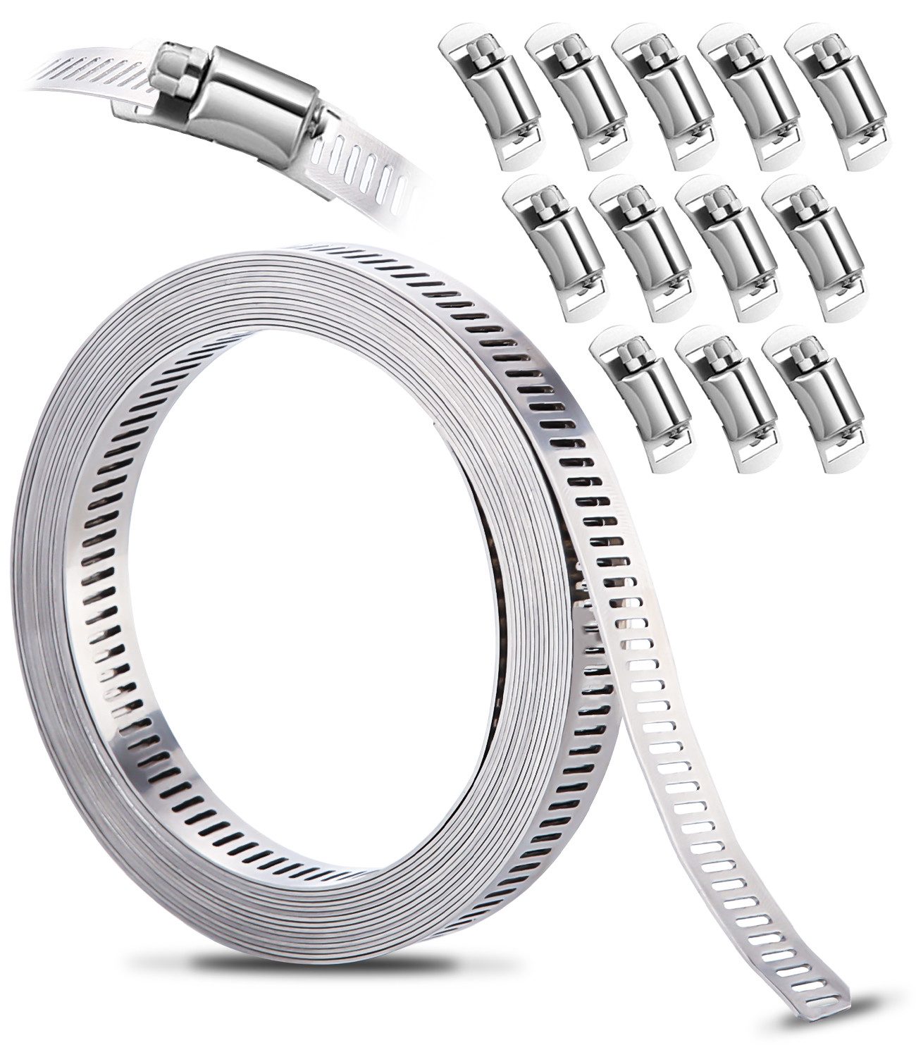 LEAZZLE Schlauchschelle 304 Edelstahl Schlauchschelle Schlauchschellen Endlosband Set, , (3,5M RohrschellenMetall + 12 Stück Befestigung), 3, 5 m x 12,7mm, inkl. 12 Befestigungselemente