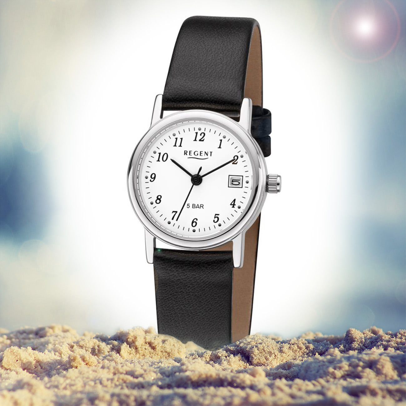Regent Quarzuhr Regent Damen-Armbanduhr rund, klein Lederarmband (ca. Analog, Armbanduhr Damen 25mm), schwarz