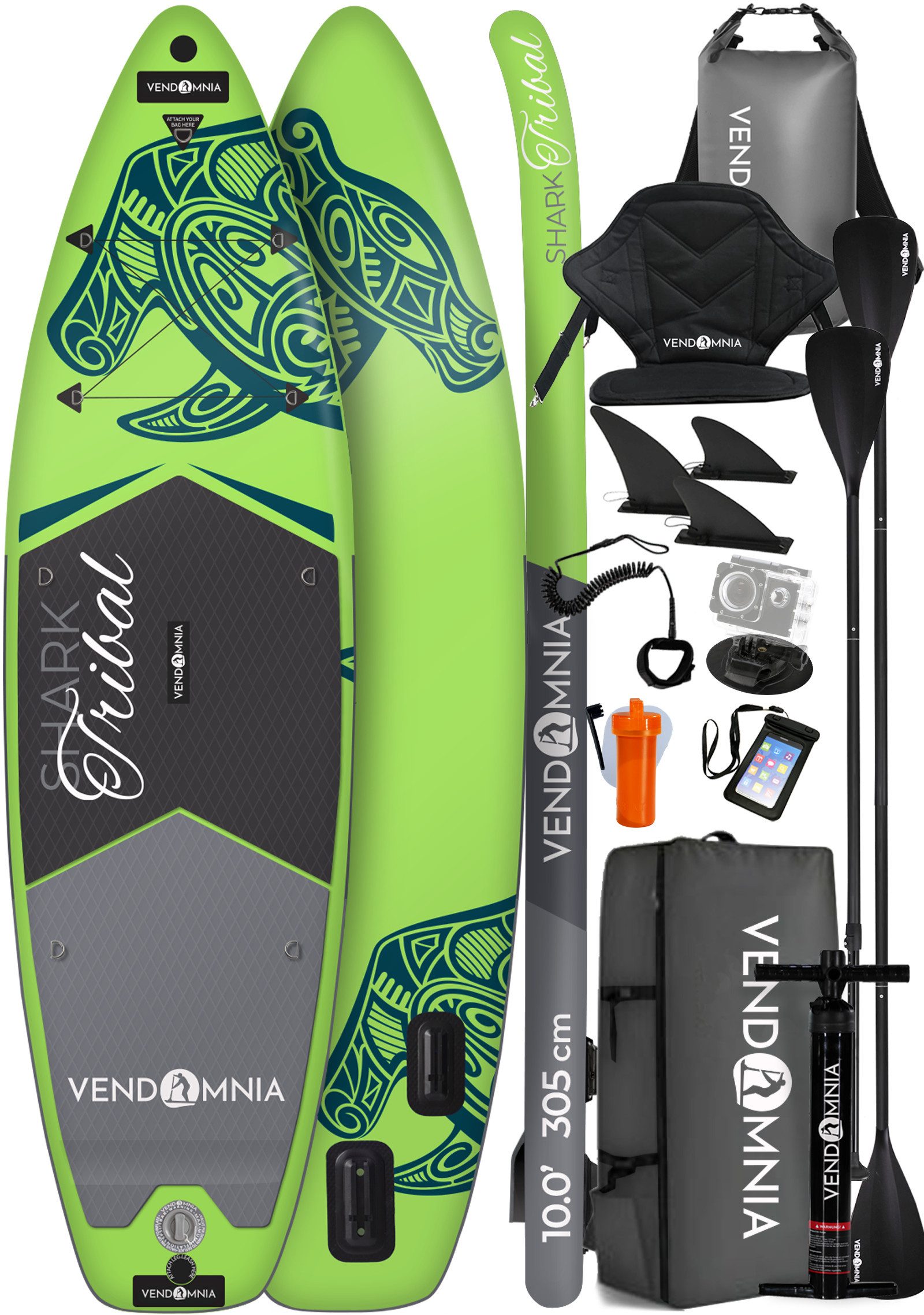VENDOMNIA SUP-Board aufblasbar, Größe 305cm, Farbwahl, Stand Up Paddle Board, (15 cm dick, 3 PVC Schichten, max 170 kg), Paddling board, Paddelboard, Surfboard, (Kajaksitz - Rucksack - Pumpe - Doppelpaddel - Tragetasche - Cam Holder - 30l Drybag - Beinleine - Handytasche - Kickpad)