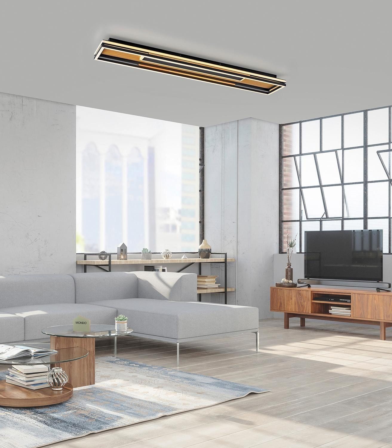 Paul Neuhaus LED Deckenleuchte FAMERA, Braun, Schwarz, Holzfurnier, Metall, Anpassung der Farbtemperatur, Dimmbar, LED fest integriert, Extra-Warmweiß, Neutralweiß, mit Fernbedienung, Memoryfunktion, B 110 x H 8 x T 18 cm