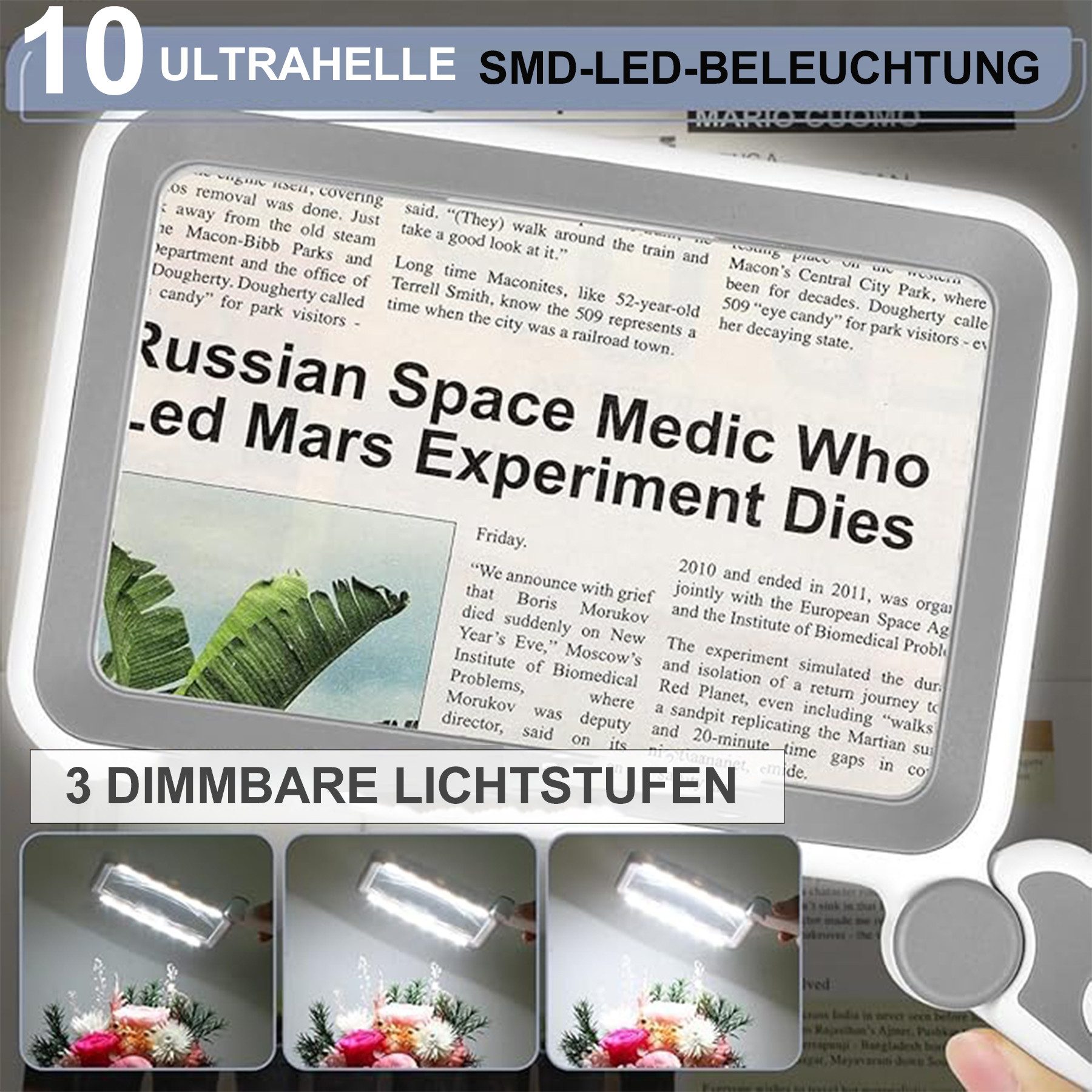 Senmudi Handlupe 4X Lupe mit LED Licht,Faltbare Leselupe Groß,3-stufige Lichtregelung, Handlupe, Rechteckige Ganzseiten-Lupe mit 10 LED-Lichtern, Lupe für Senioren,Buchliebhaber, Sehbehinderte, Lesehilfe für Senioren, Hohe Auflösung, große Größe, Beleuchtungsfunktion, tragbares Design