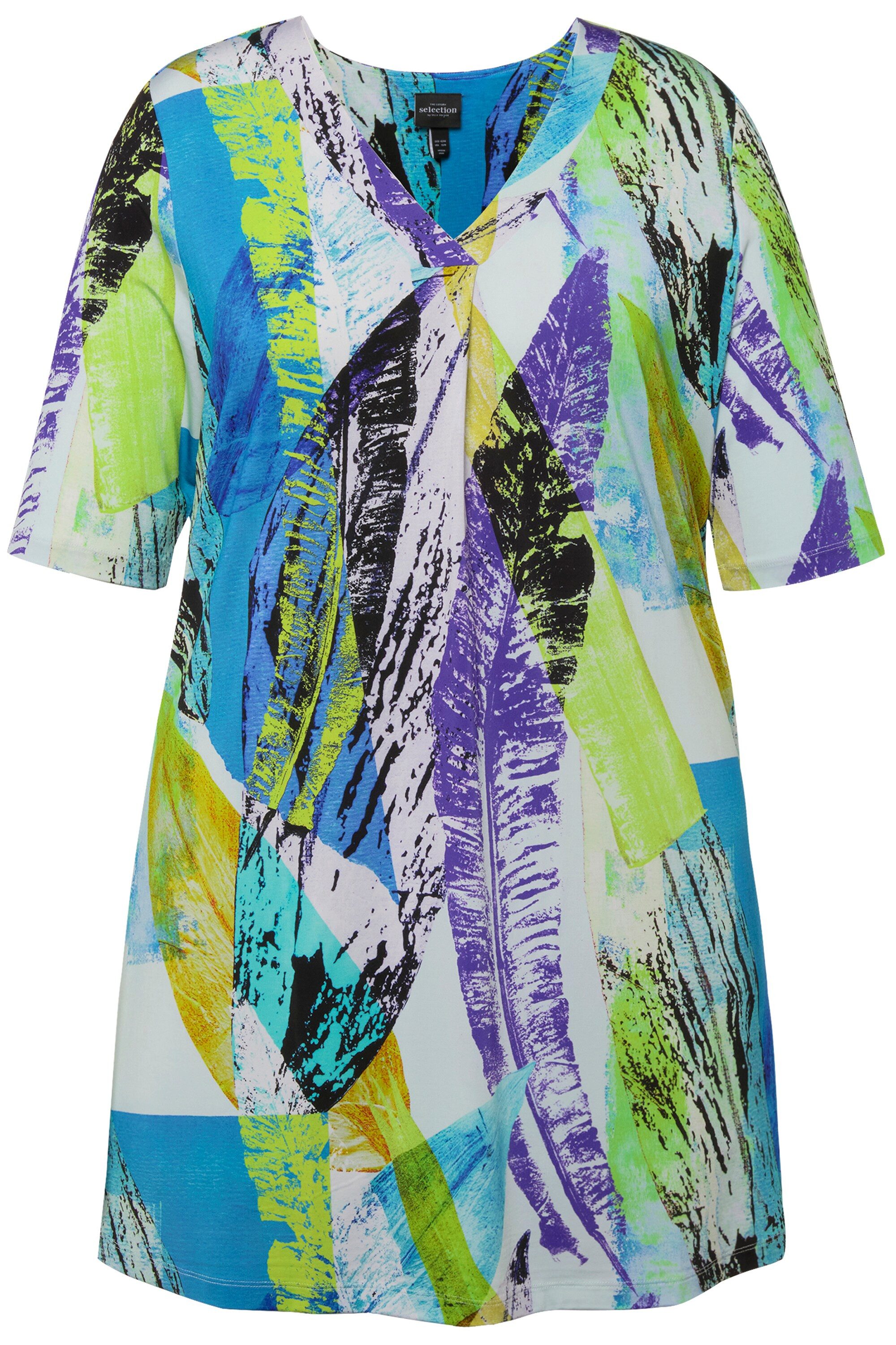 T-Shirt Slinkyshirt A-Linie Zierfalte V-Ausschnitt Halbarm