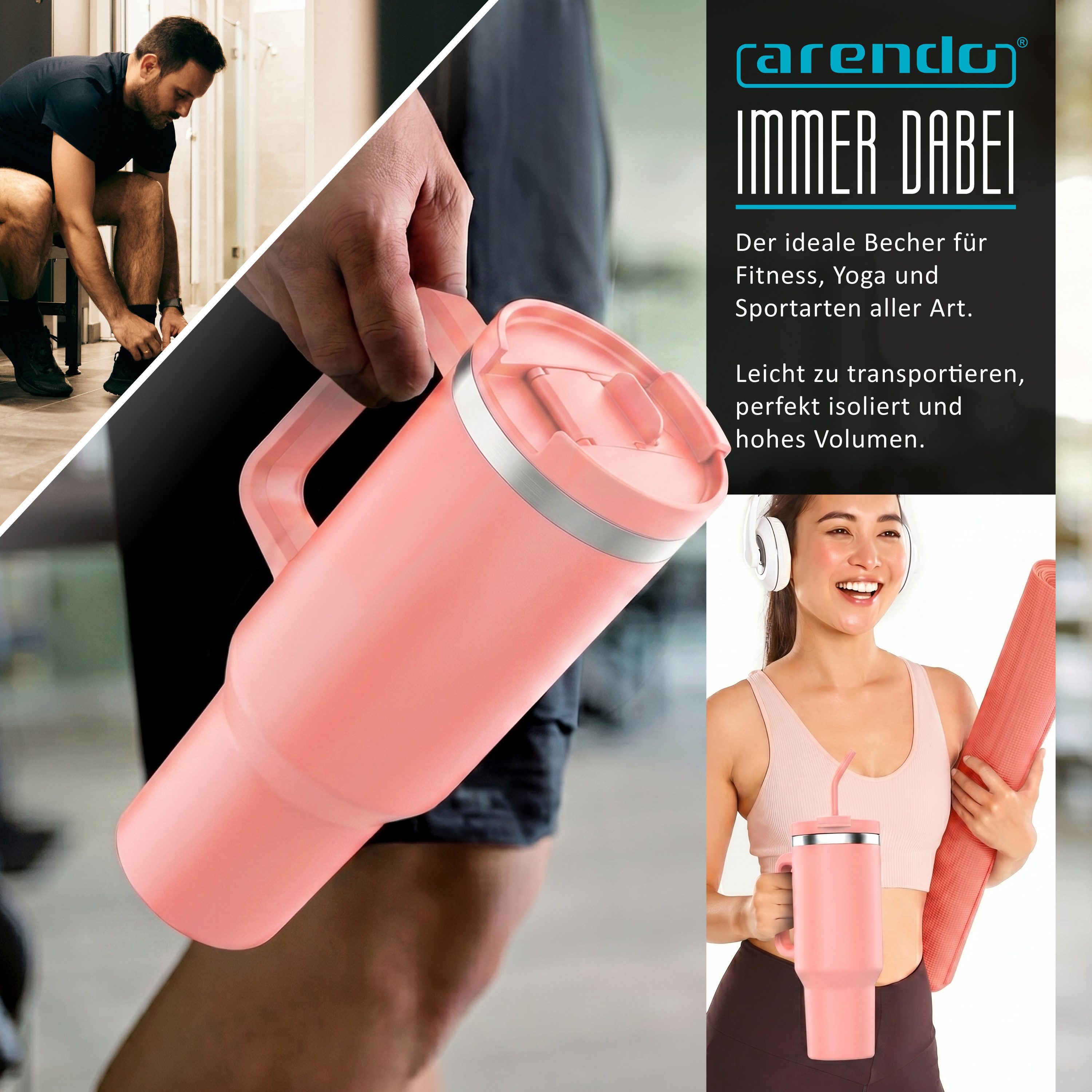 Arendo Thermobecher Tumbler 1200 ml, Becher mit Deckel, Henkel und Strohhalm, Thermal Mug, 1-tlg., Edelstahl, kohlensäuregeeignet, auslaufsicher, doppelwandig,  – Bild 5 von 5