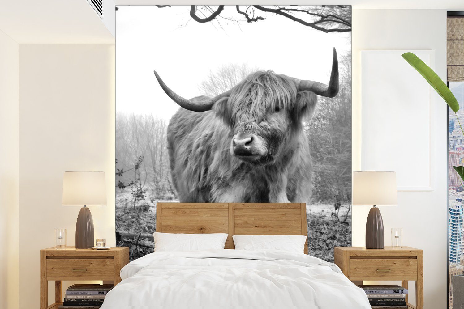 MuchoWow Fototapete Schottischer Highlander - Wald - Nebel - Kuh - Tiere - Natur, Matt, bedruckt, (4 St), Montagefertig Vinyl Tapete für Wohnzimmer, Wandtapete