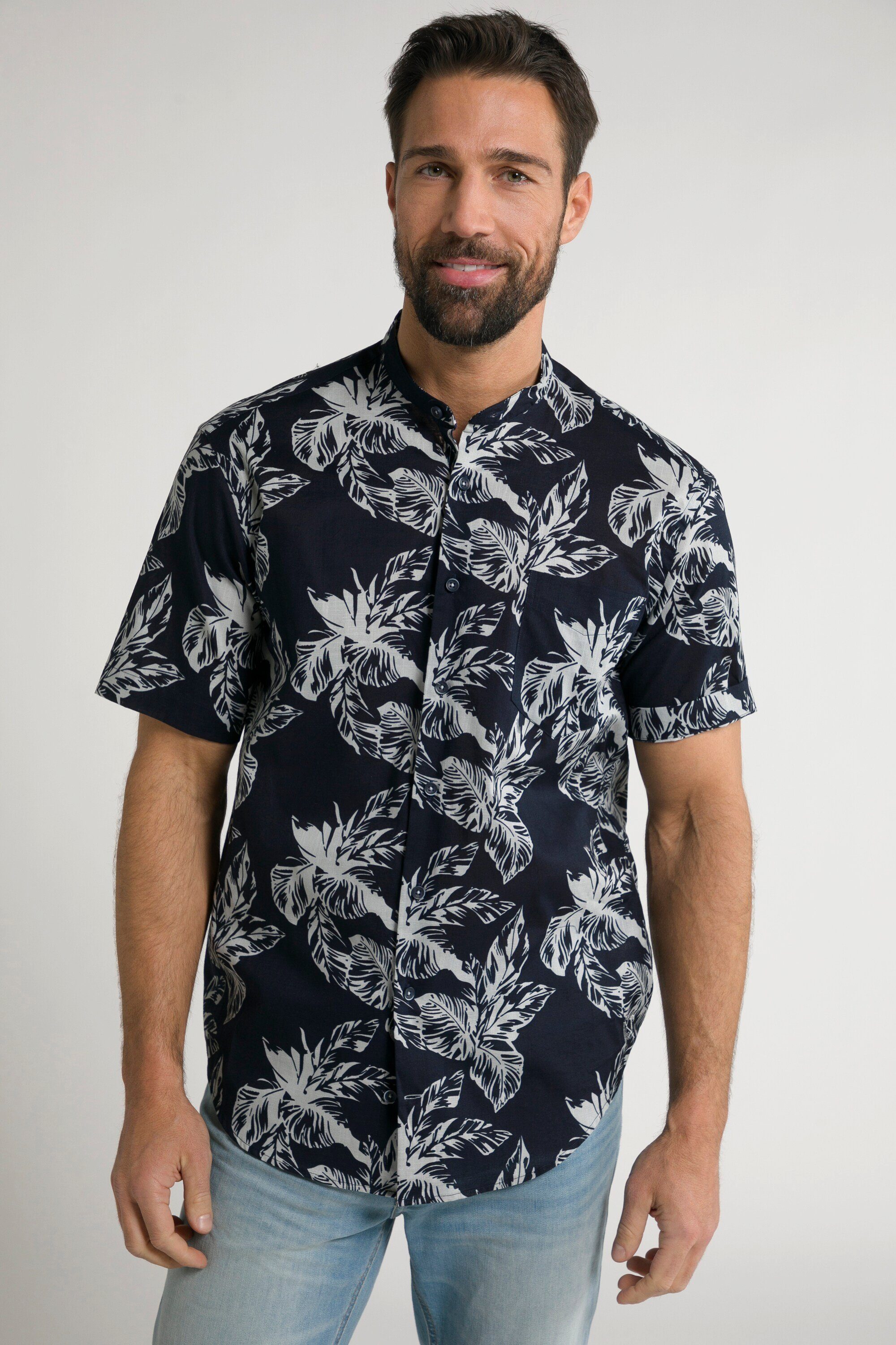 Herren Hemden JP1880 Kurzarmhemd Hemd Halbarm Stehkragen Modern Fit floraler Print