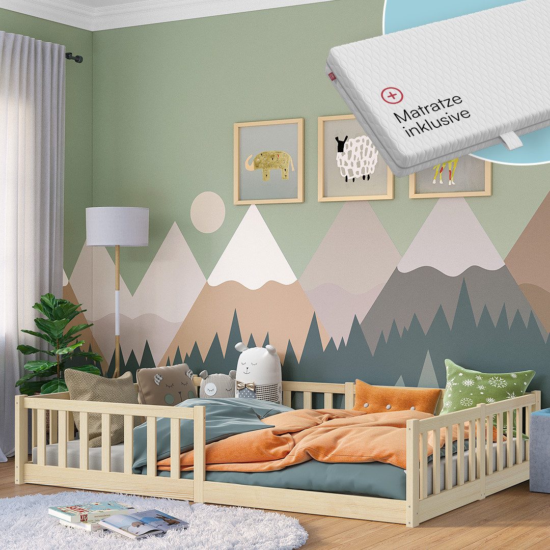 Bellabino Kinderbett Vere aus Kiefer Massivholz mit Rausfallschutz & Lattenrost (natur mit Matratze), Bodenbett verfügbar in 80x160 & 90/120/140x200 cm