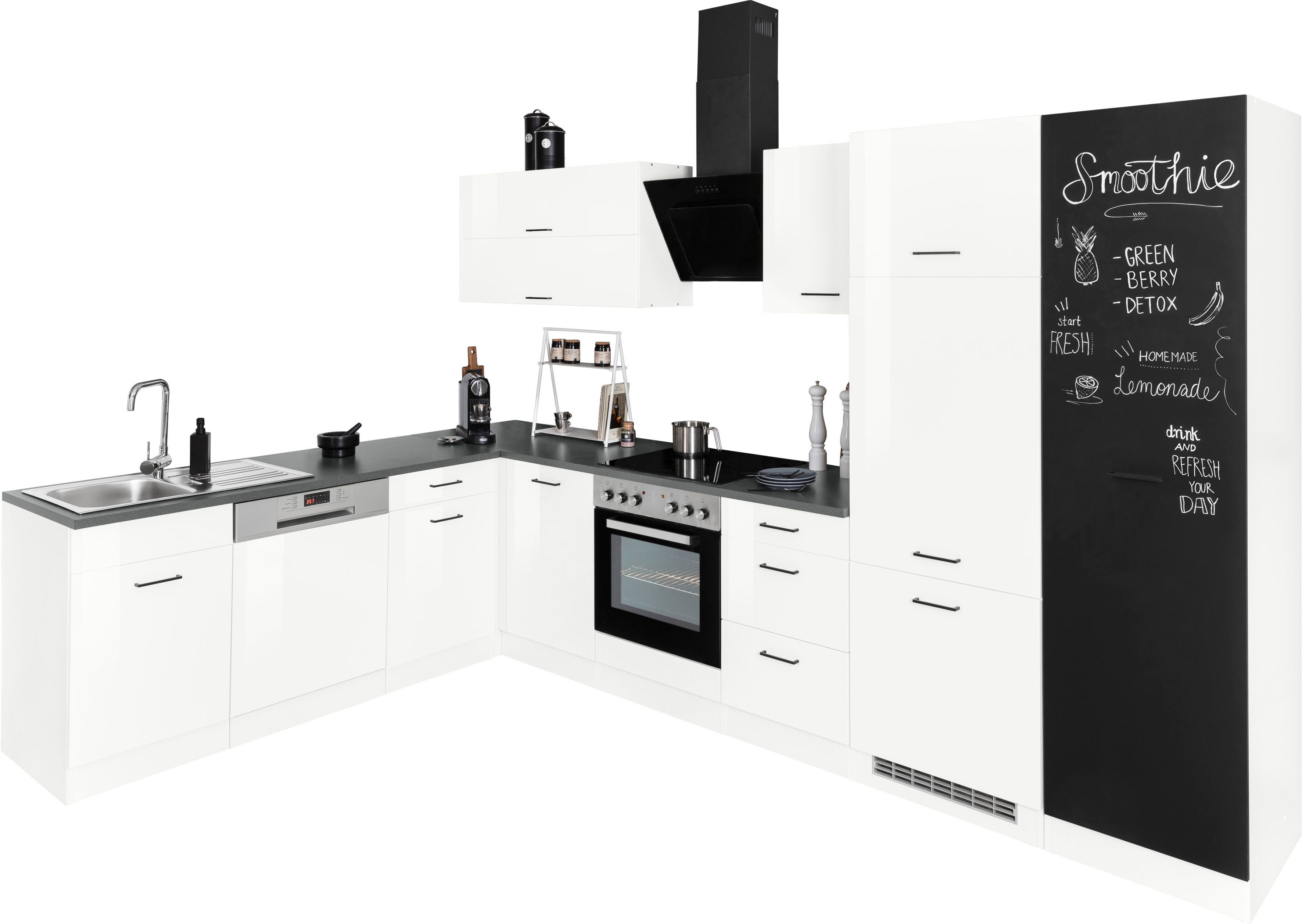 HELD MÖBEL Küchenzeile Trier, mit E-Geräten, Stellbreite 220/330 cm weiß