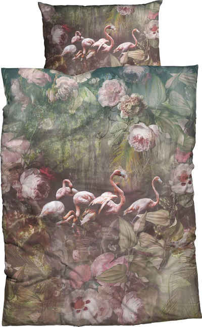 Bettwäsche Flamina, CASATEX, Satin, 2 teilig, zauberhafte Flamingos und Pfingstrosen