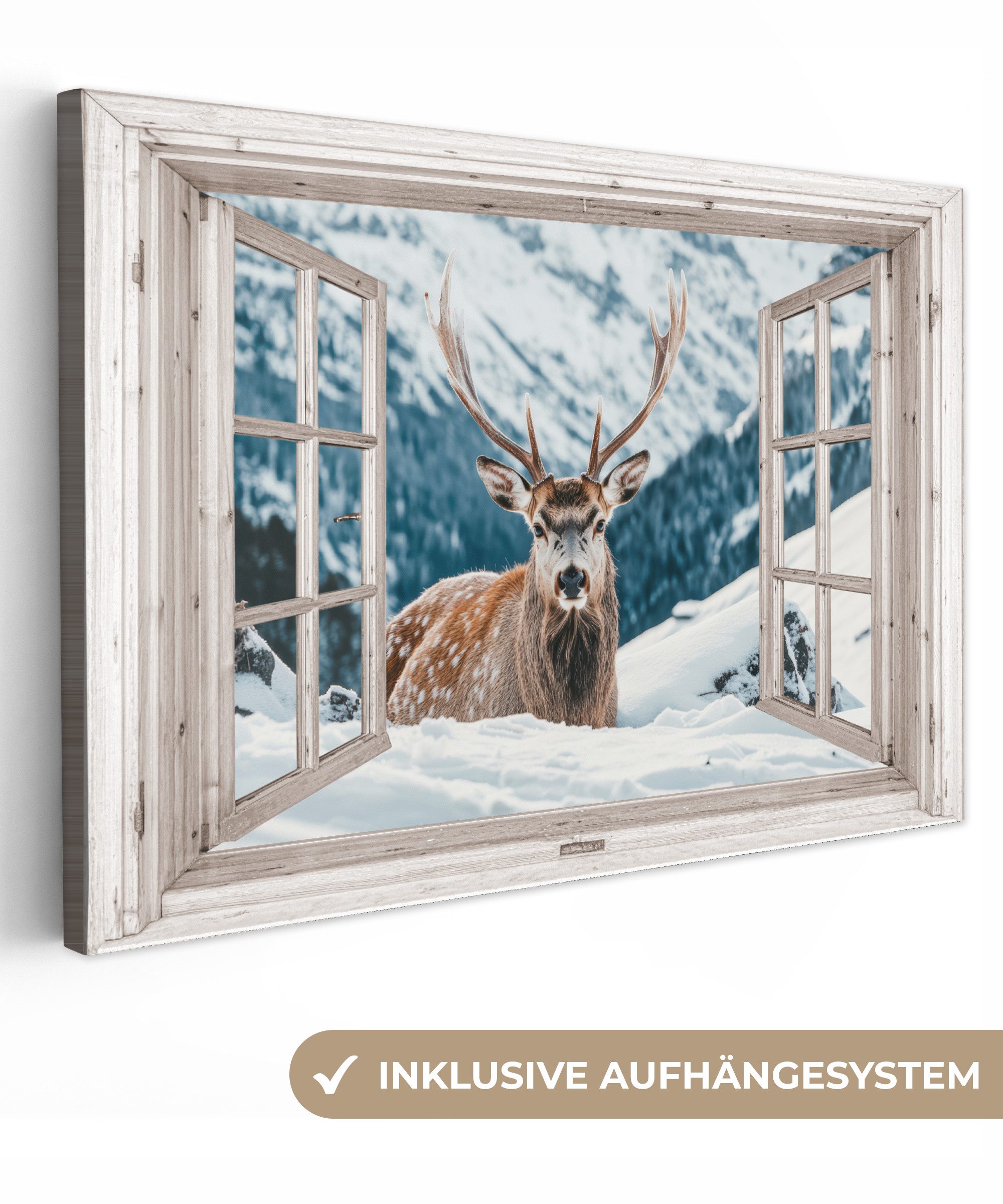 OneMillionCanvasses® Leinwandbild Hirsche - Winterlandschaft - günstig online kaufen