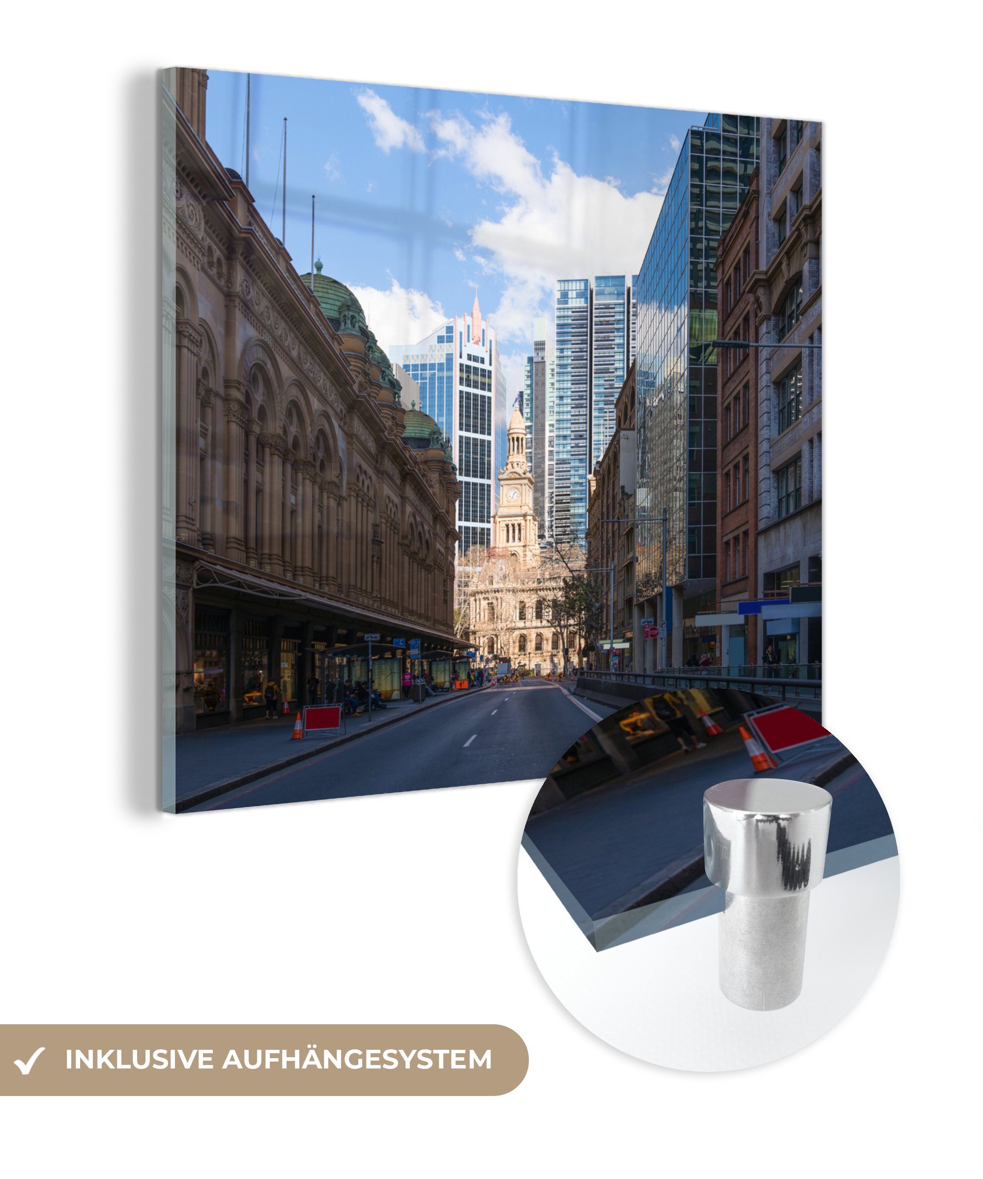 MuchoWow Acrylglasbild Queen Victoria Building und Rathaus von Sydney, (1 St), Glasbilder - Bilder auf Glas Wandbild - Foto auf Glas - Wanddekoration | Bilder