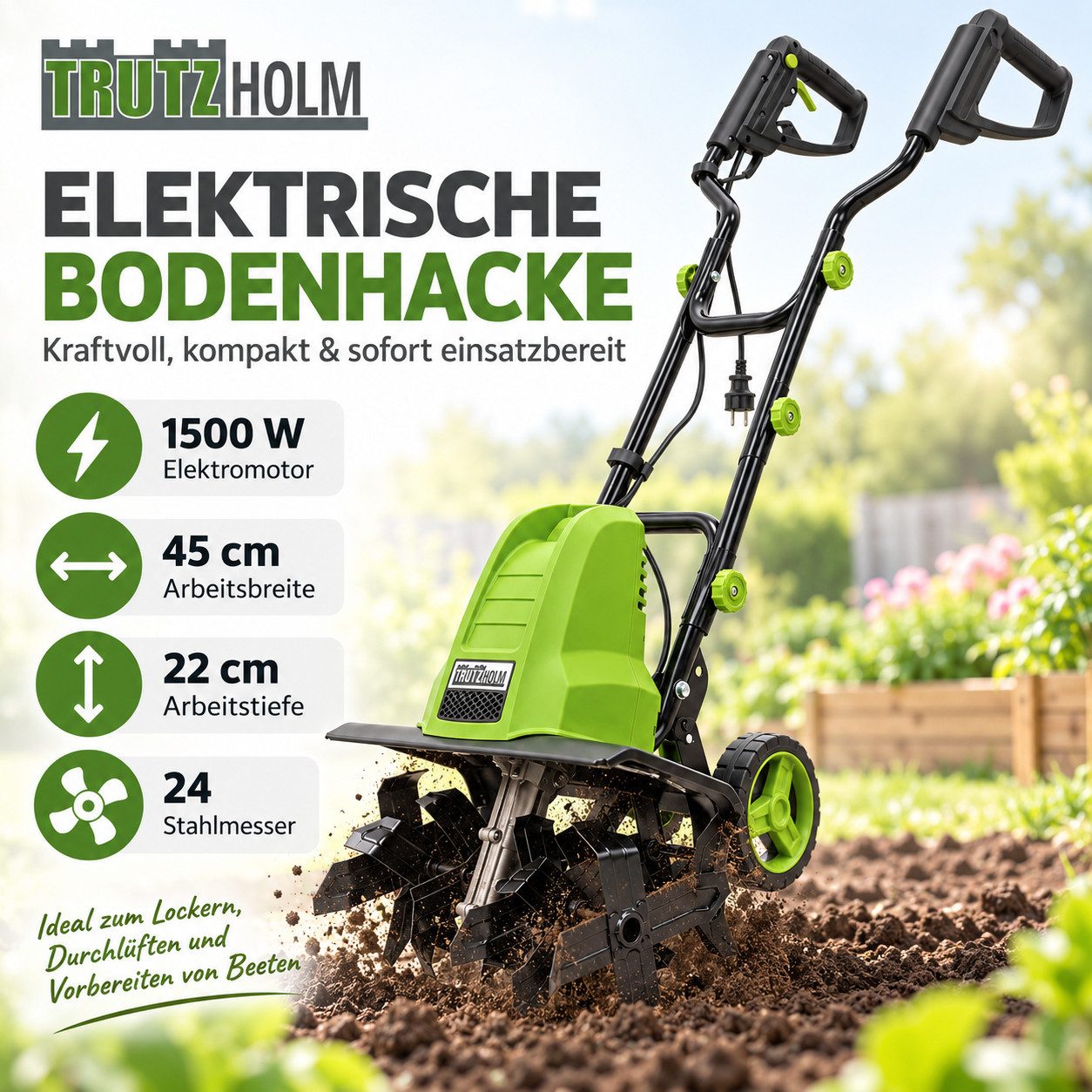 TRUTZHOLM Gartenhacke 24 Hackmesser 45 cm breit 22 cm tief 1500 W klappbare Transporträder, 45 cm Arbeitsbreite, Artikel, 1 St., Ergonimisches Design – Bild 2 von 5