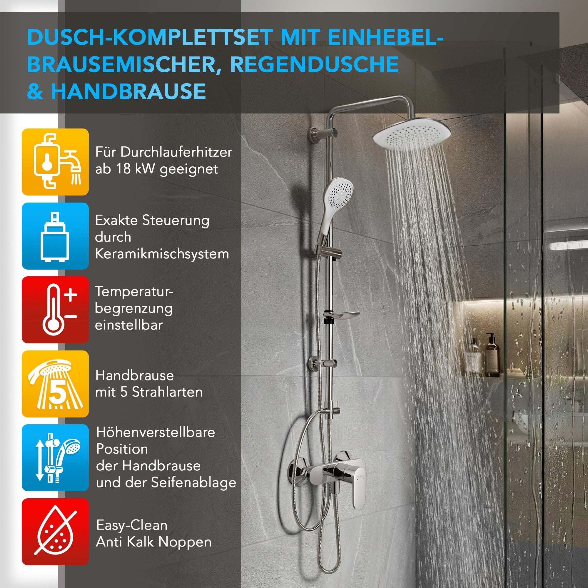 hansgrohe Duscharmatur Vernis Blend Einhebelmischer Set mit Aloni Handbrause und Regendusche (Spar-Set) Aufputz Wandmontage, Armatur in chrom oder schwarz matt