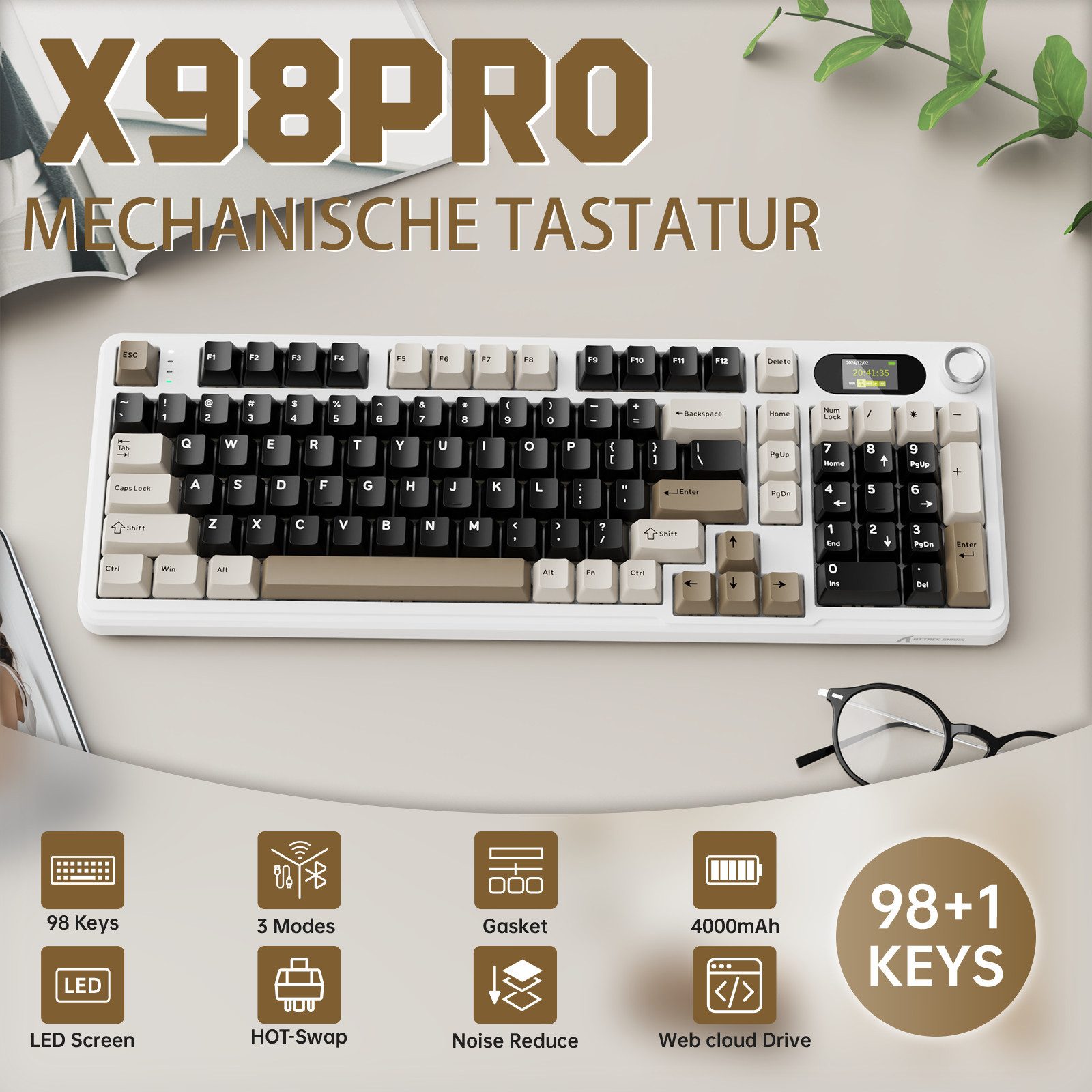 ATTACK SHARK X98PRO Tri-Mode Gasket Mechanische Gaming-Tastatur Gaming-Tastatur (LED-Farbbildschirm und CNC-Knopf,RGB,4000 mAh)