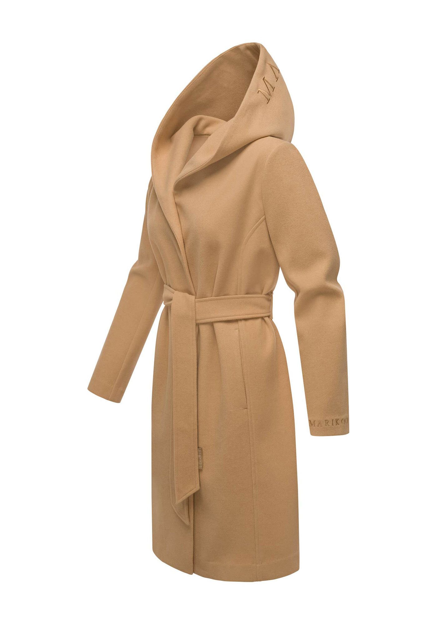 Marikoo Kurzmantel Kailii Eleganter Wickel Mantel mit Taillengürtel und Oversized Hood Kapuze