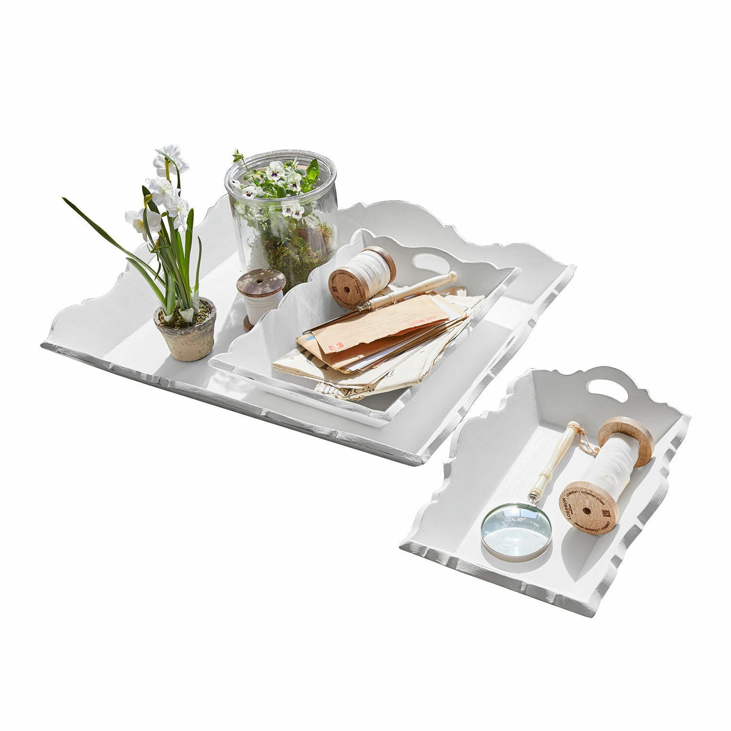 Mirabeau Tablett Tablett 3er Set Pirelo antikweiß, Mangoholz (mangifera indica), Boden: MDF