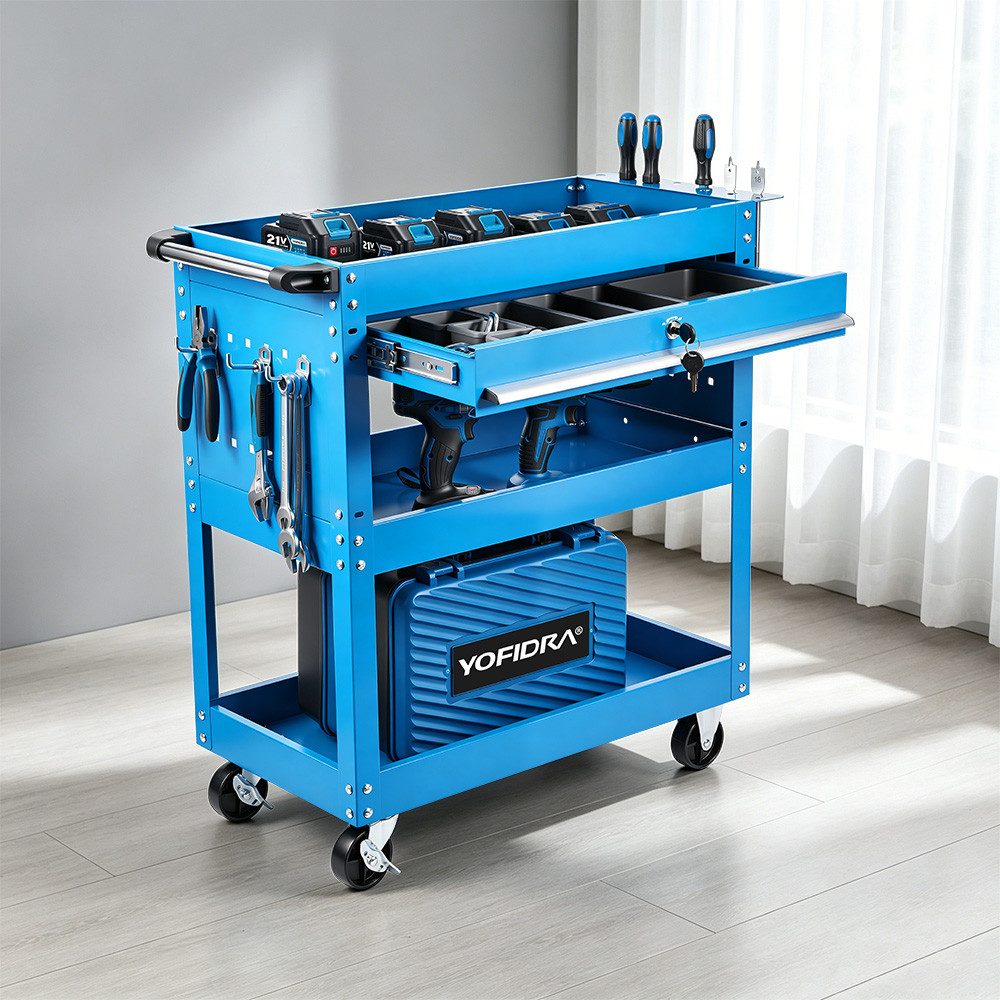 Yofidra Werkstattwagen mit 1 Schublade, abschließbar, Metall 3 Fächer, 65x35x75cm, max. Traglast:190 kg, (1-tlg), Rollwagen zur Werkzeugaufbewahrung mit Schloss & 2 Schlüsseln