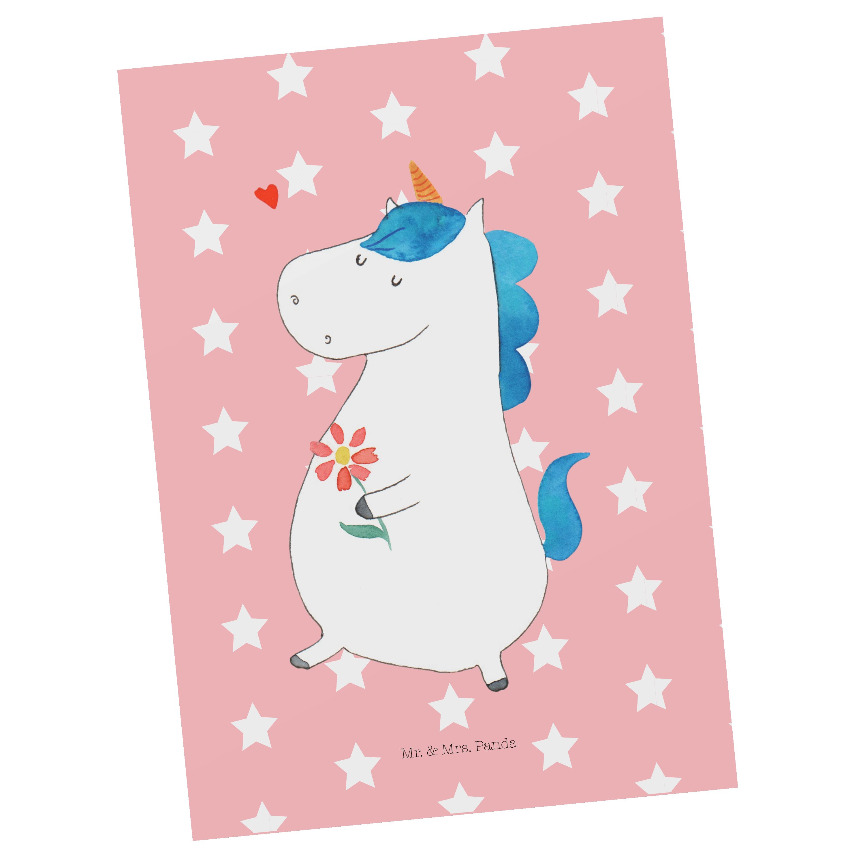 Mr. & Mrs. Panda Postkarte Einhorn Spaziergang - Rot Pastell - Geschenk, Einhorn Deko, Grußkarte