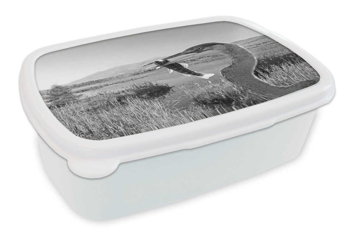 MuchoWow Lunchbox Reiher an einem See im Herbst - schwarz und weiß, Kunststoff, (2-tlg), Brotbox für Kinder und Erwachsene, Brotdose, für Jungs und Mädchen