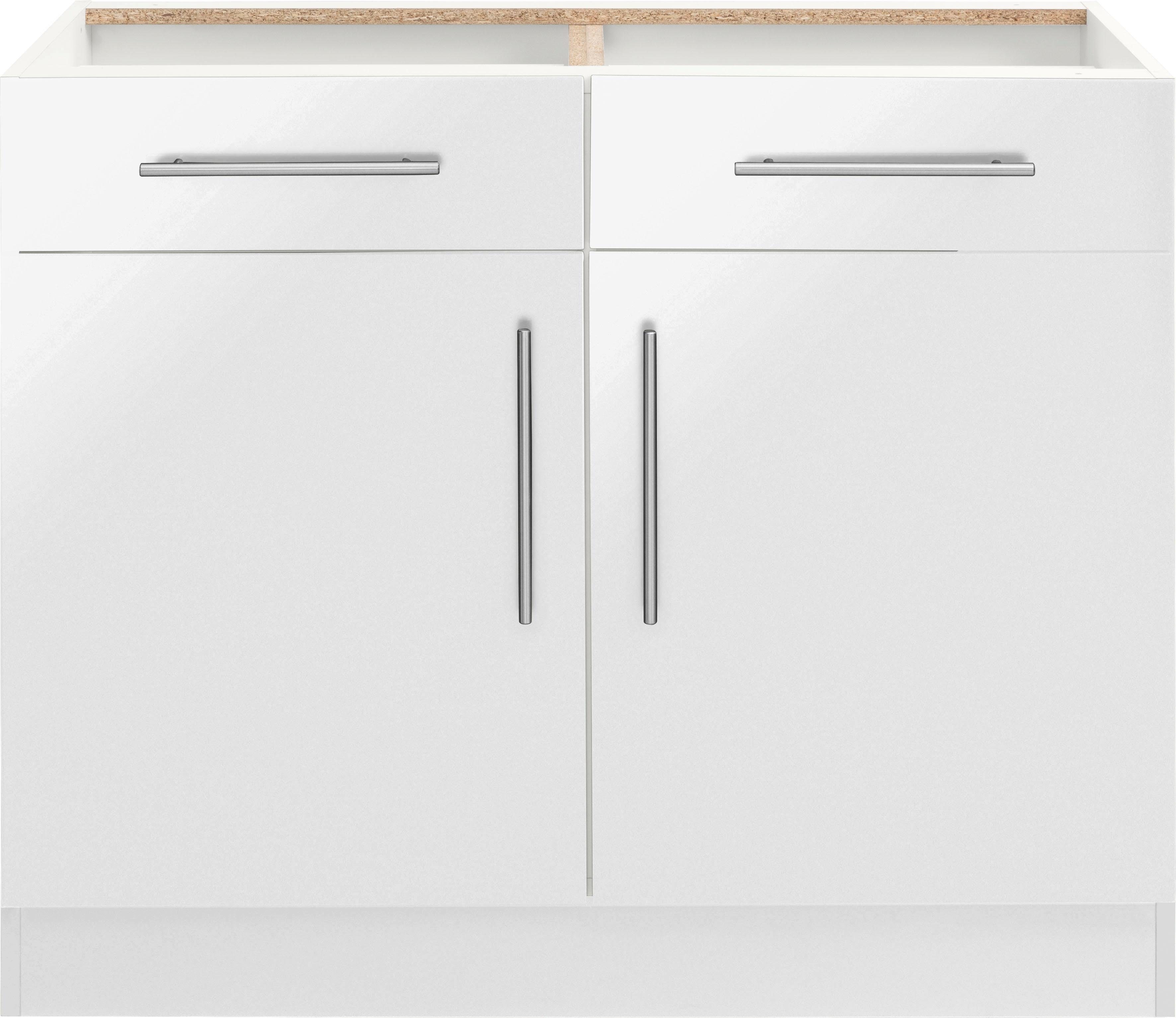 wiho Küchen Unterschrank Cali 100 cm Glanz, | Front: Korpus: Weiß weiß ohne Weiß breit, Arbeitsplatte