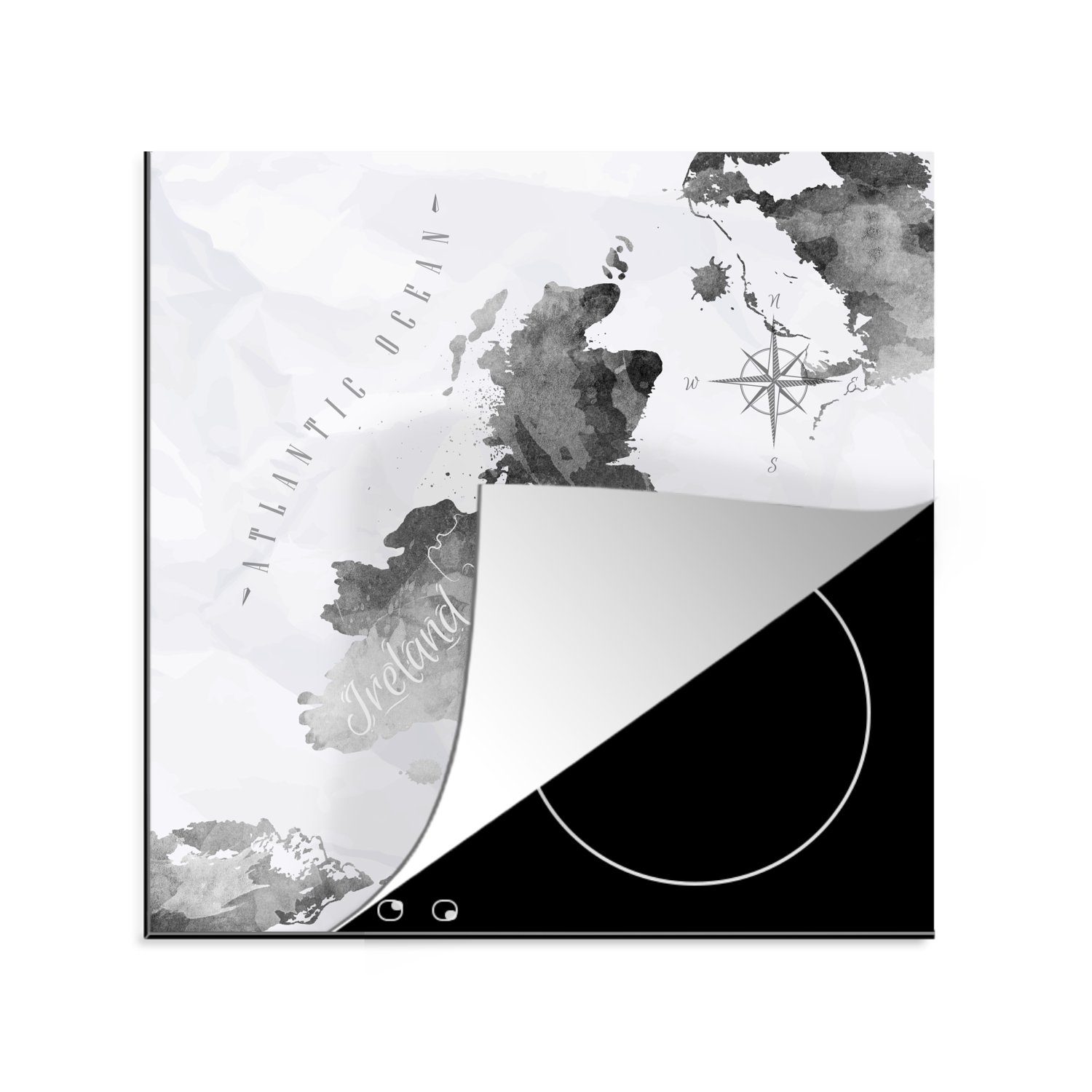 MuchoWow Herdblende-/Abdeckplatte Weltkarte - Aquarell - Schwarz, Vinyl, (1 tlg), 78x78 cm, Ceranfeldabdeckung, Arbeitsplatte für küche