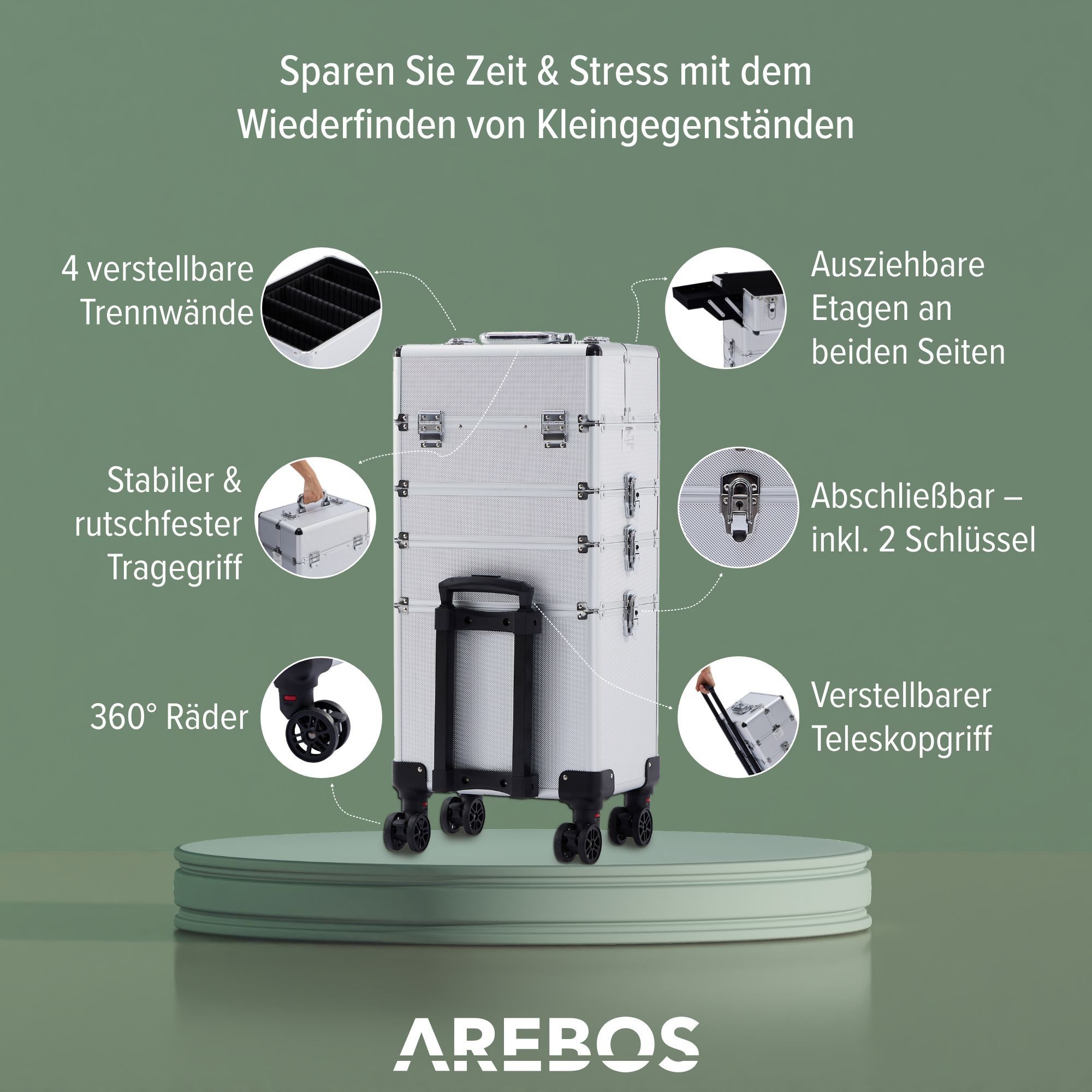 Arebos Kosmetikkoffer Schminkkoffer Beautykoffer Pilotenkoffer Friseurkoffer XL, Maße: 35 x 25 x 75 cm