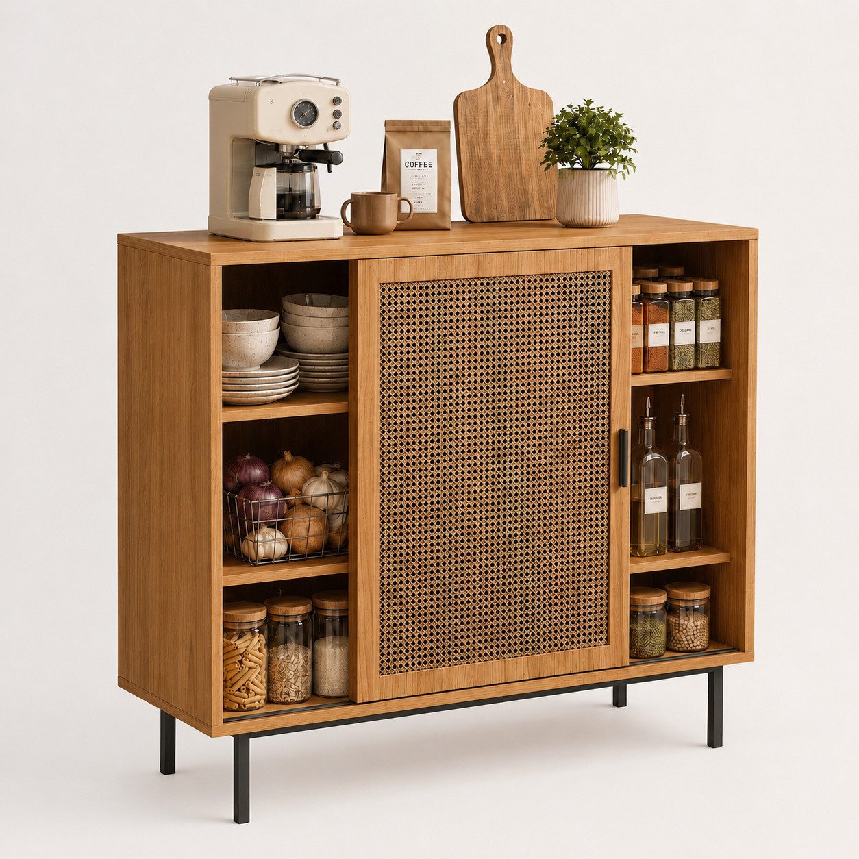 Yorbay Sideboard Küchenschrank, Kommode Aufbewahrungsschrank mit 2 Schiebetüren (Set), 100x37x90 cm Verstellbare Regalböden, geeignet für Wohn- und Esszimmer