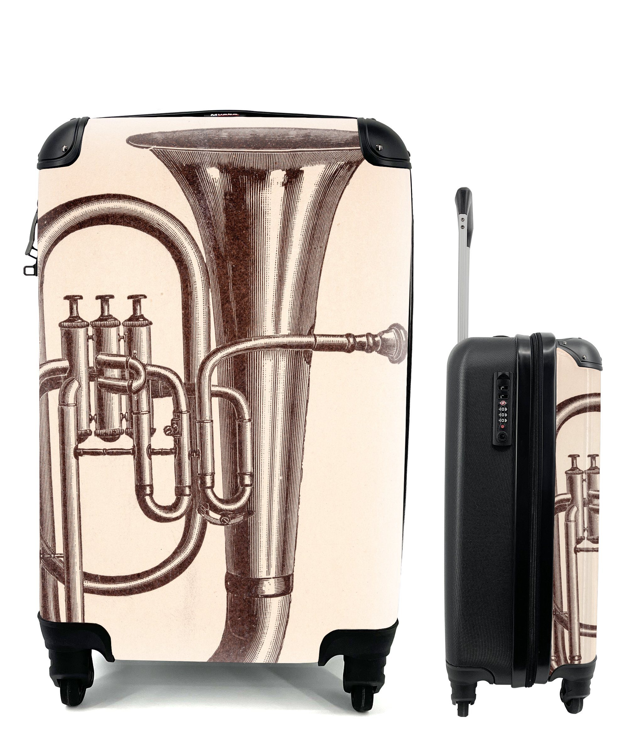 MuchoWow Handgepäckkoffer Eine antike Illustration einer Tuba, 4 Rollen, Reisetasche mit rollen, Handgepäck für Ferien, Trolley, Reisekoffer