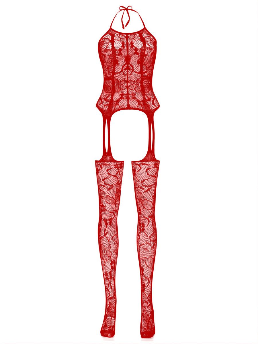 Elegant Love Bodystocking-Ouvert Catsuit schrittoffen – elastischer Damen Bodysuit, sexy Reizwäsche Halterneck-Strumpfbody mit integrierten Strapsen – Valentinstag-Look