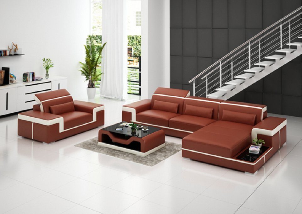 JVmoebel Ecksofa Ecksofa Set Couch Polster Sessel Wohnlandschaft L Form Leder Orange Braun/Beige