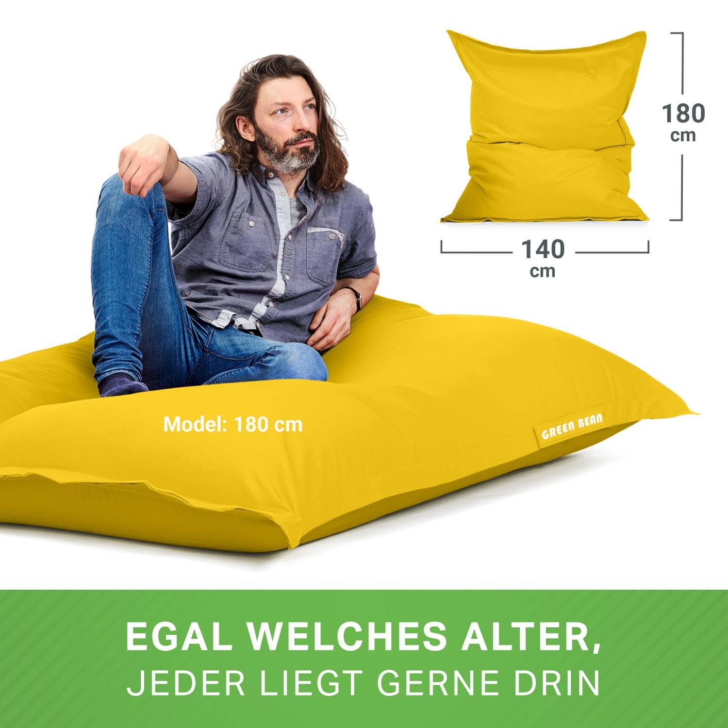 Green Bean Sitzsack XXL Outdoor Sitzsack Square 140x180cm (XXL Riesensitzsack 140x180cm 380 Liter Kinder & Erwachsene Bean Bag EPS Perlen Füllung, Groß Draußen  – Bild 5 von 5