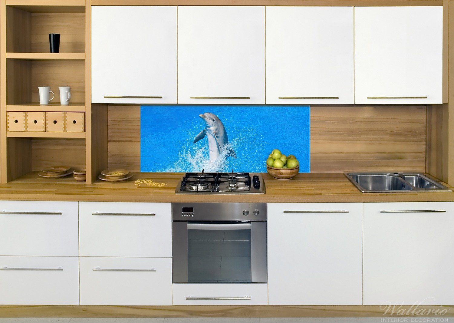 blauen Fröhlicher Wasser, Küchenrückwand (1-tlg) im Wallario Delfin