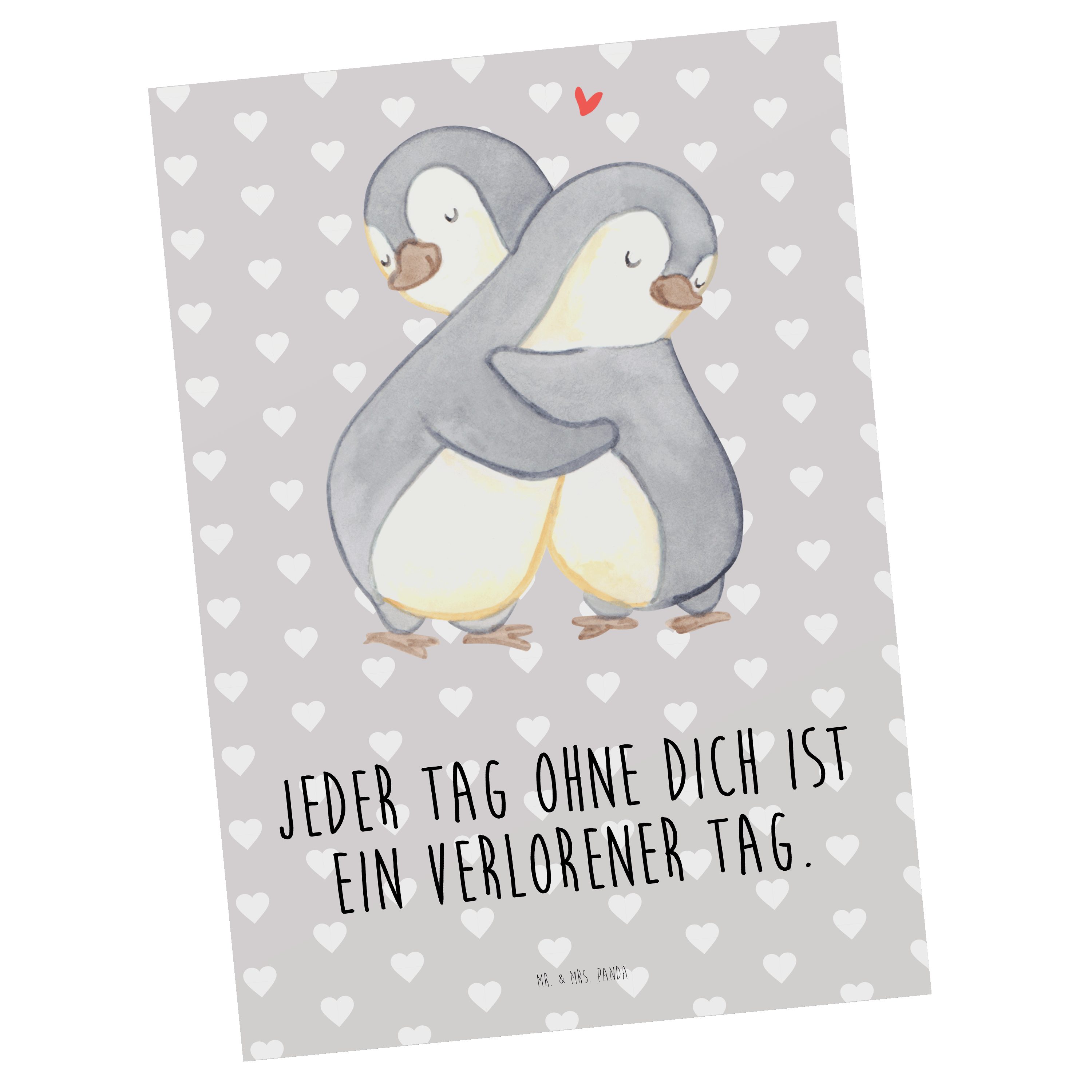 Mr. & Mrs. Panda Postkarte Pinguine Kuscheln - Grau Pastell - Geschenk, Freund, Geschenkkarte, D
