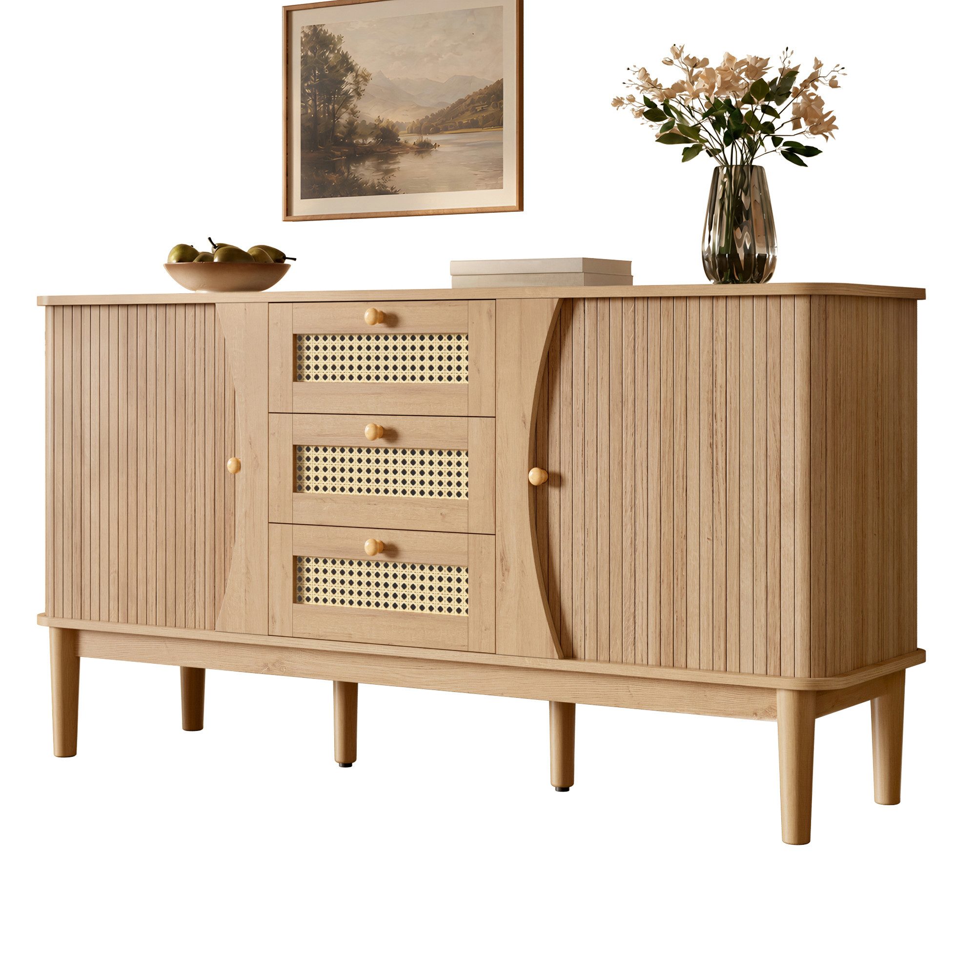 Fine Life Pro Sideboard Sideboard 1er Set Rattan Schiebetüren verstellbar, Ohne Größe Wohnzimmer