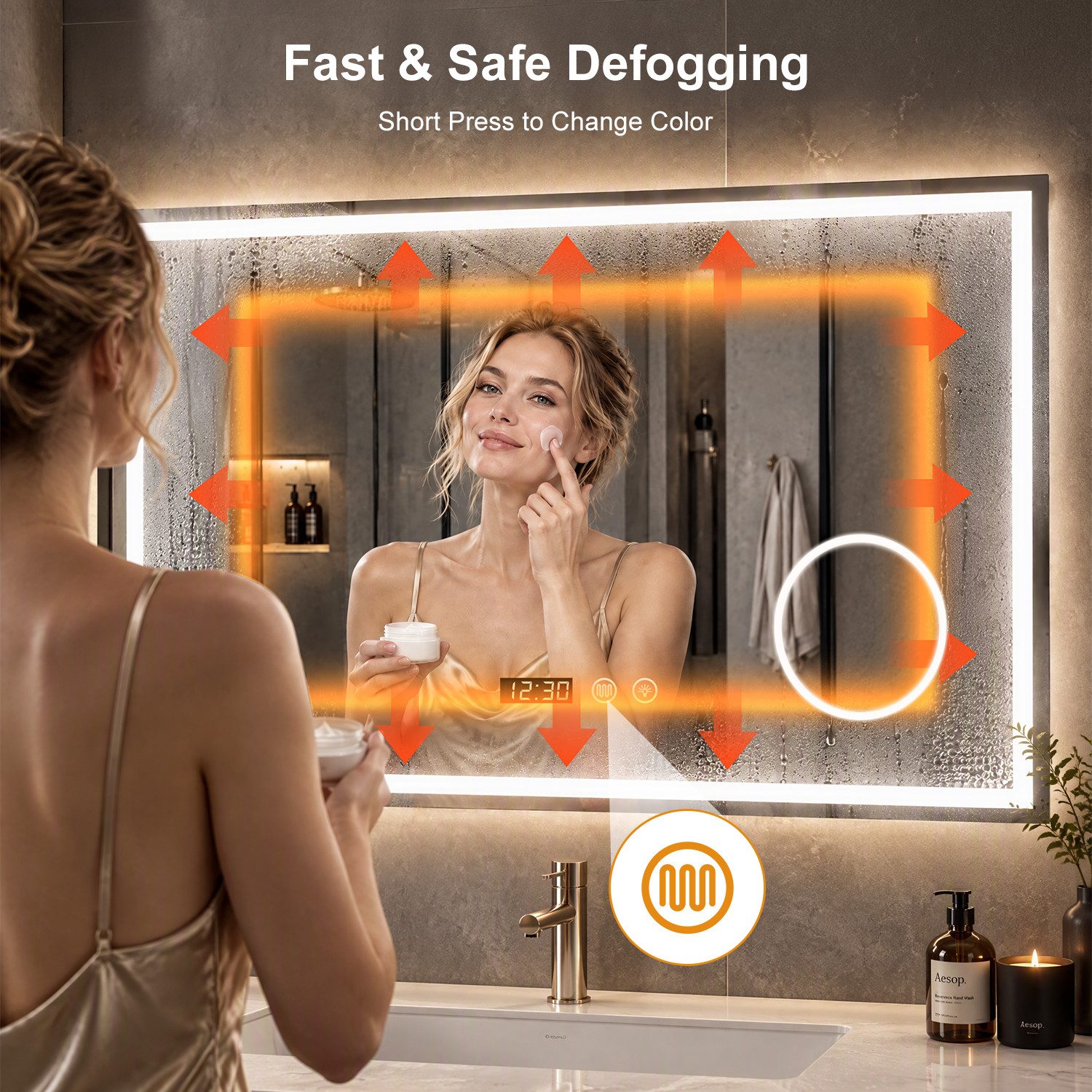 oyajia Badspiegel Bad Spiegel mit Beleuchtung LED Wandspiegel 3-fach Vergrößerung Touch, Antibeschlag Kosmetikspiegel Beschlagfrei, Uhr, 3 Lichtfarben Dimmbare – Bild 5 von 5