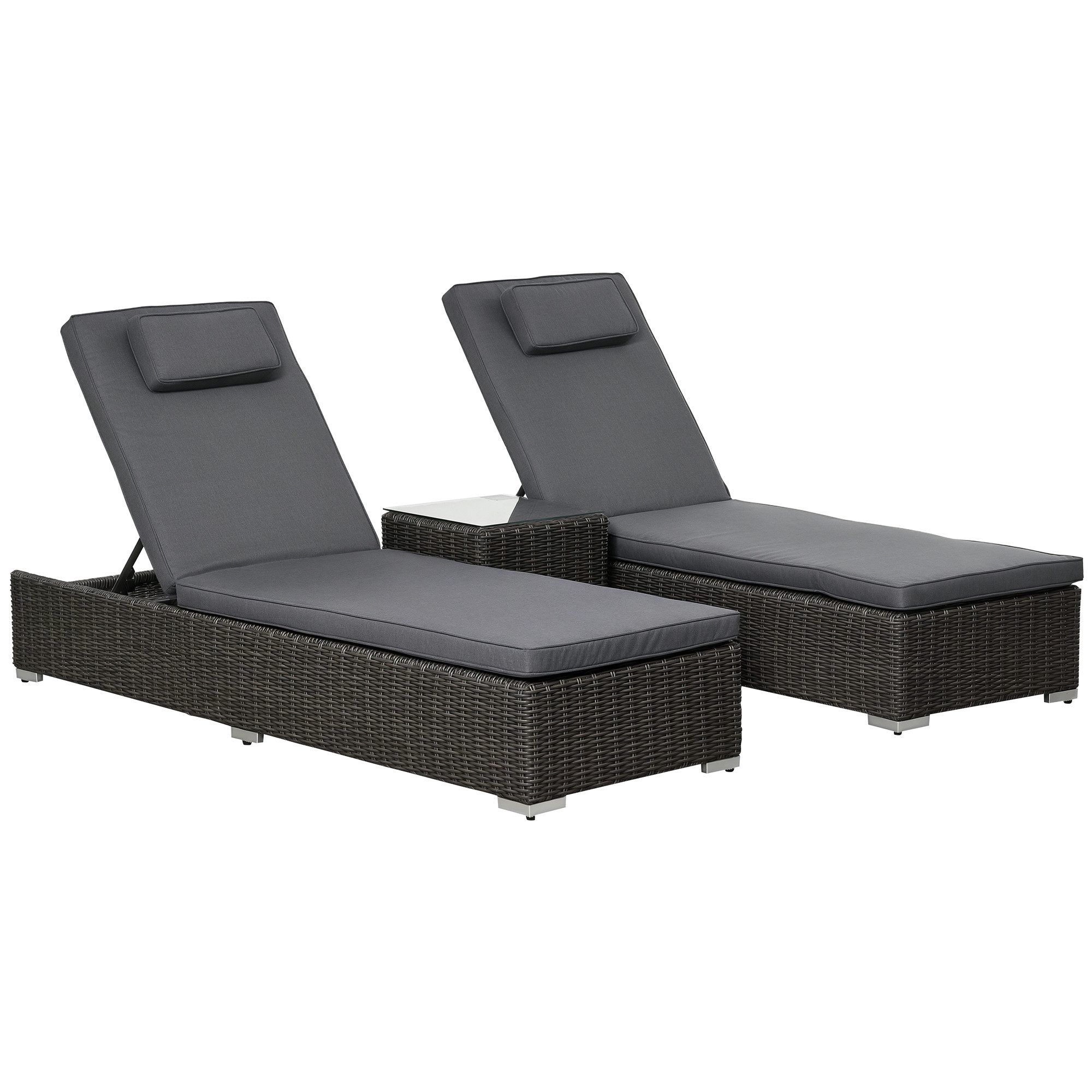 Outsunny Gartenliege Poly-Rattan Sonnenliege mit 6-Fach Verstellbarer Rückenlehne, Sonnenliege Set, 3 St., Grtenliegegruppe, Aluminium Grau 60 x 195 x 91 cm