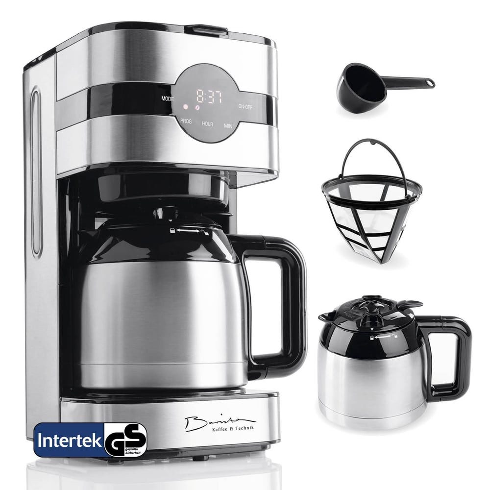 Barista Filterkaffeemaschine mit Thermokanne LED-Display 900W Edelstahl, 24h Timer & Permanentfilter, Für 8 Tassen Kaffee