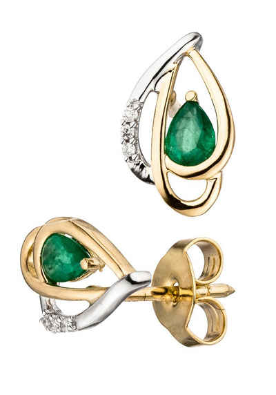 JOBO Paar Ohrstecker »Ohrringe mit Smaragd und 6 Diamanten«, 585 Gold bicolor