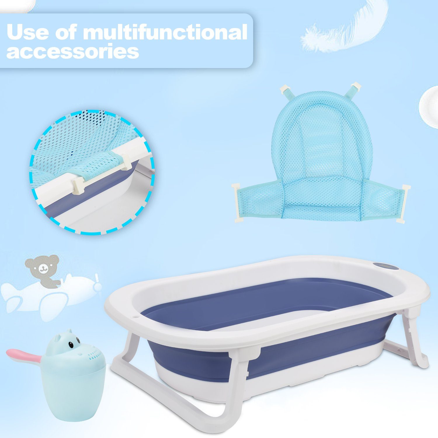 Gimisgu Babybadewanne Baby Badewanne kissen Kunststoff Faltbare mit Ergonomische Babywanne Blau