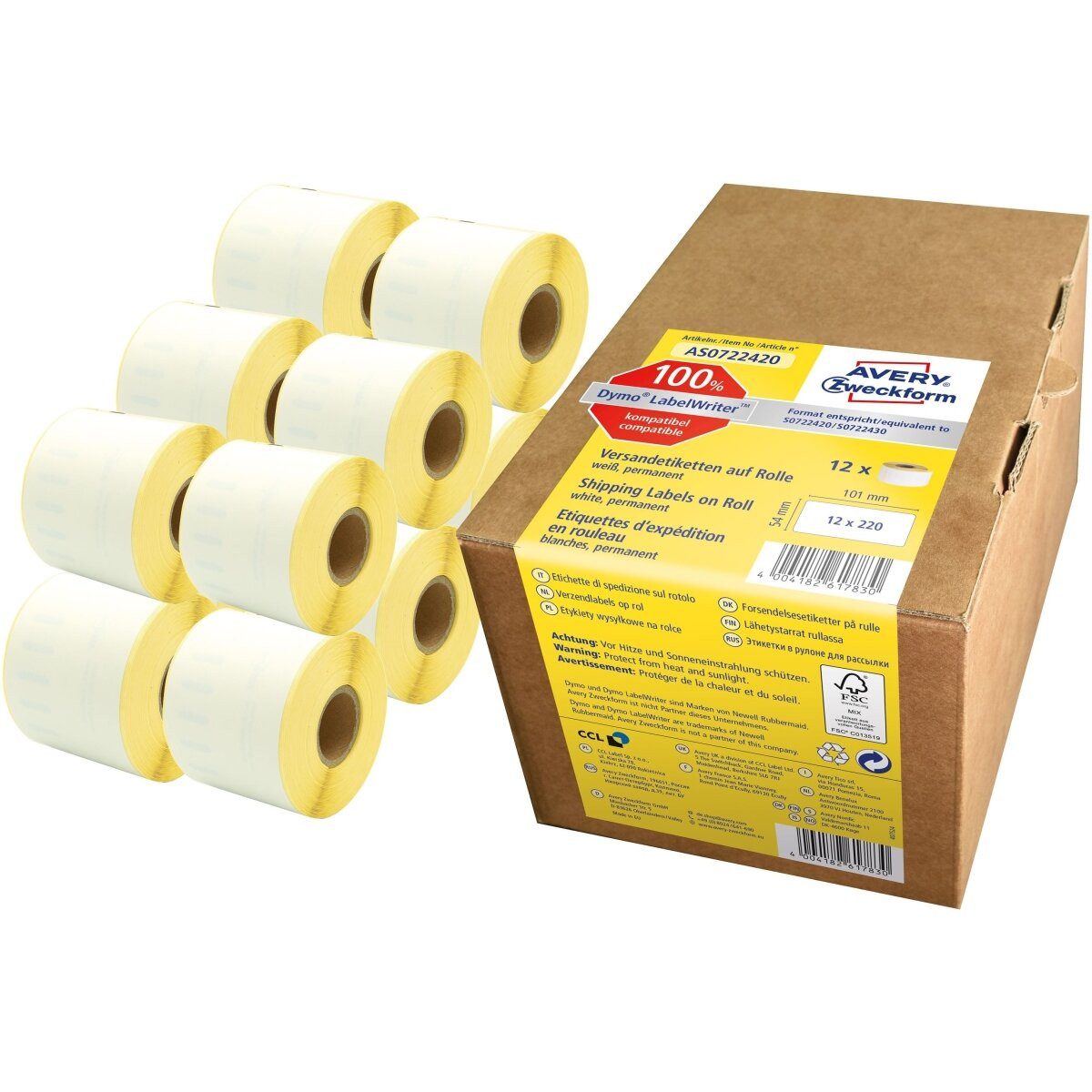 Avery Zweckform Etiketten Rollen-Etiketten Paketaufkleber 54x101mm 12 Rolle/2.640 Etiketten weiß