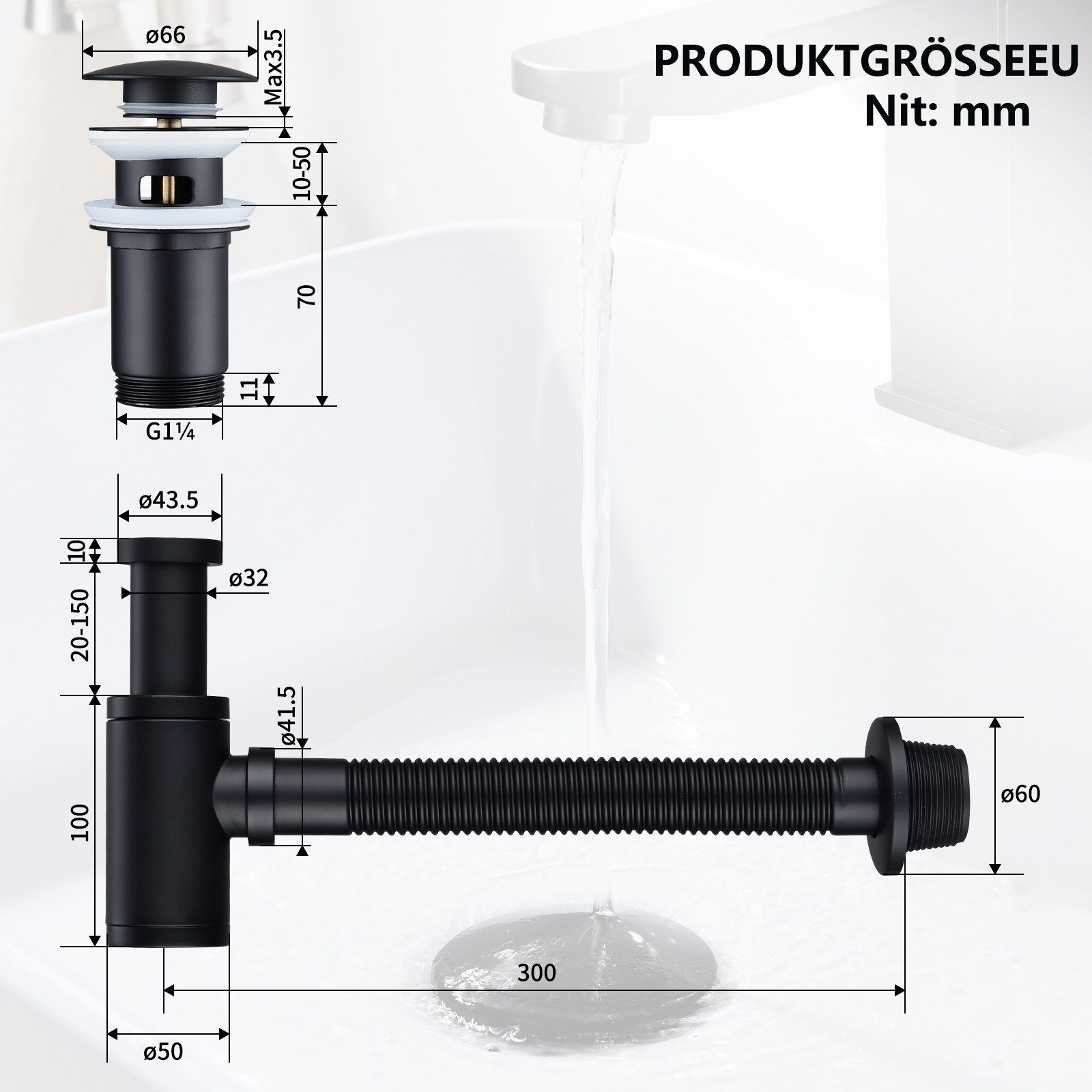 HOMELIVE Ablaufgarnitur Siphon Pop Up Ablaufgarnitur mit Überlauf Universal Röhrensiphon Set (Röhrensiphon Set für Waschbecken Waschtisch Bad) Geruchsverschluss Stöpsel Abfluss Garnitur Chrom