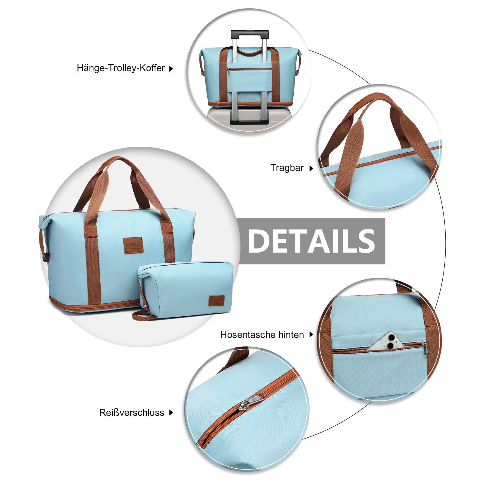 KONO Reisetasche 2-in-1 Set: Erweiterbare Handgepäck-Tasche (36L) + Kosmetiktasche, Praktisches und leichtes Design