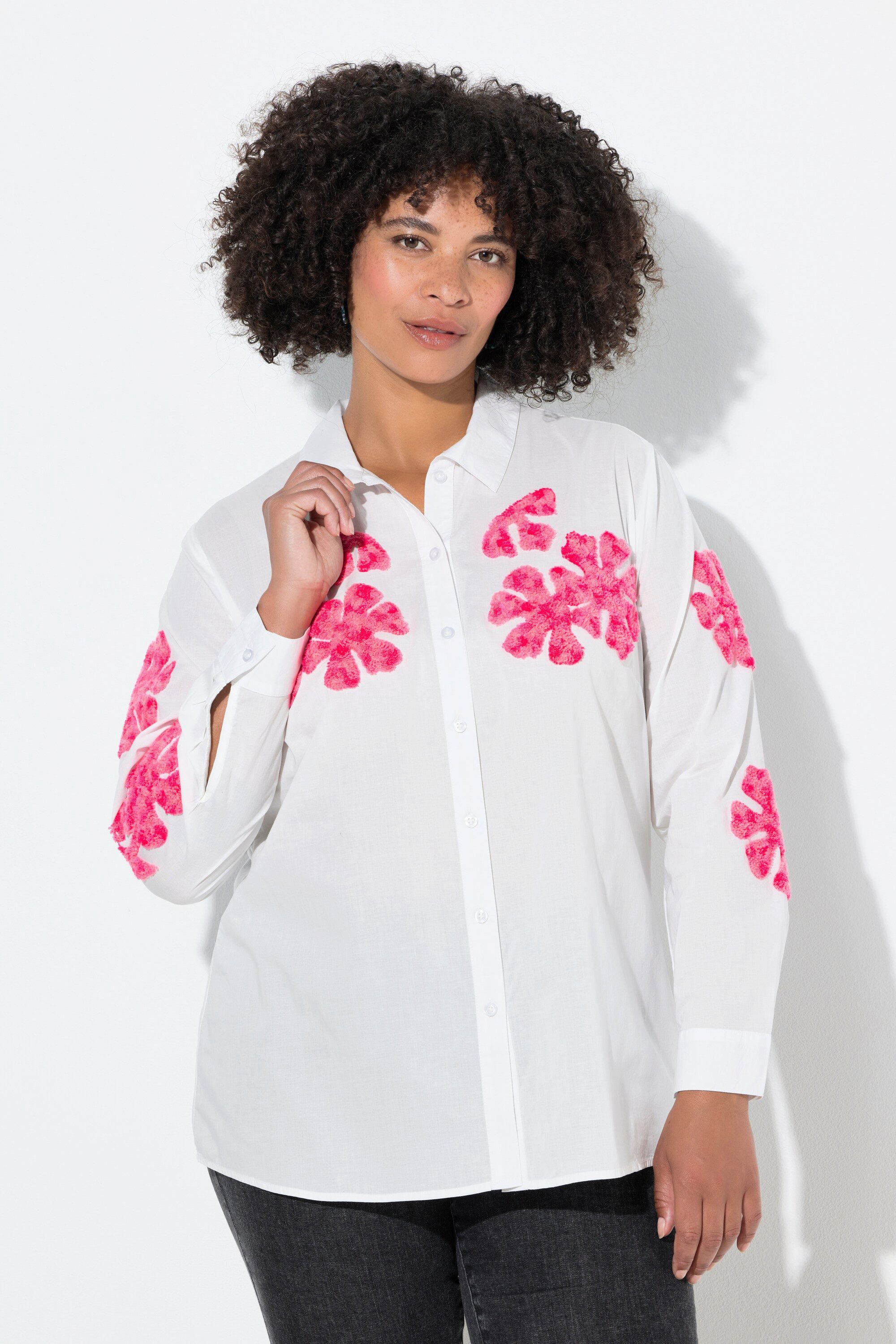Angel of Style Hemdbluse Hemdbluse A-Linie Blüten-Stickerei Langarm
